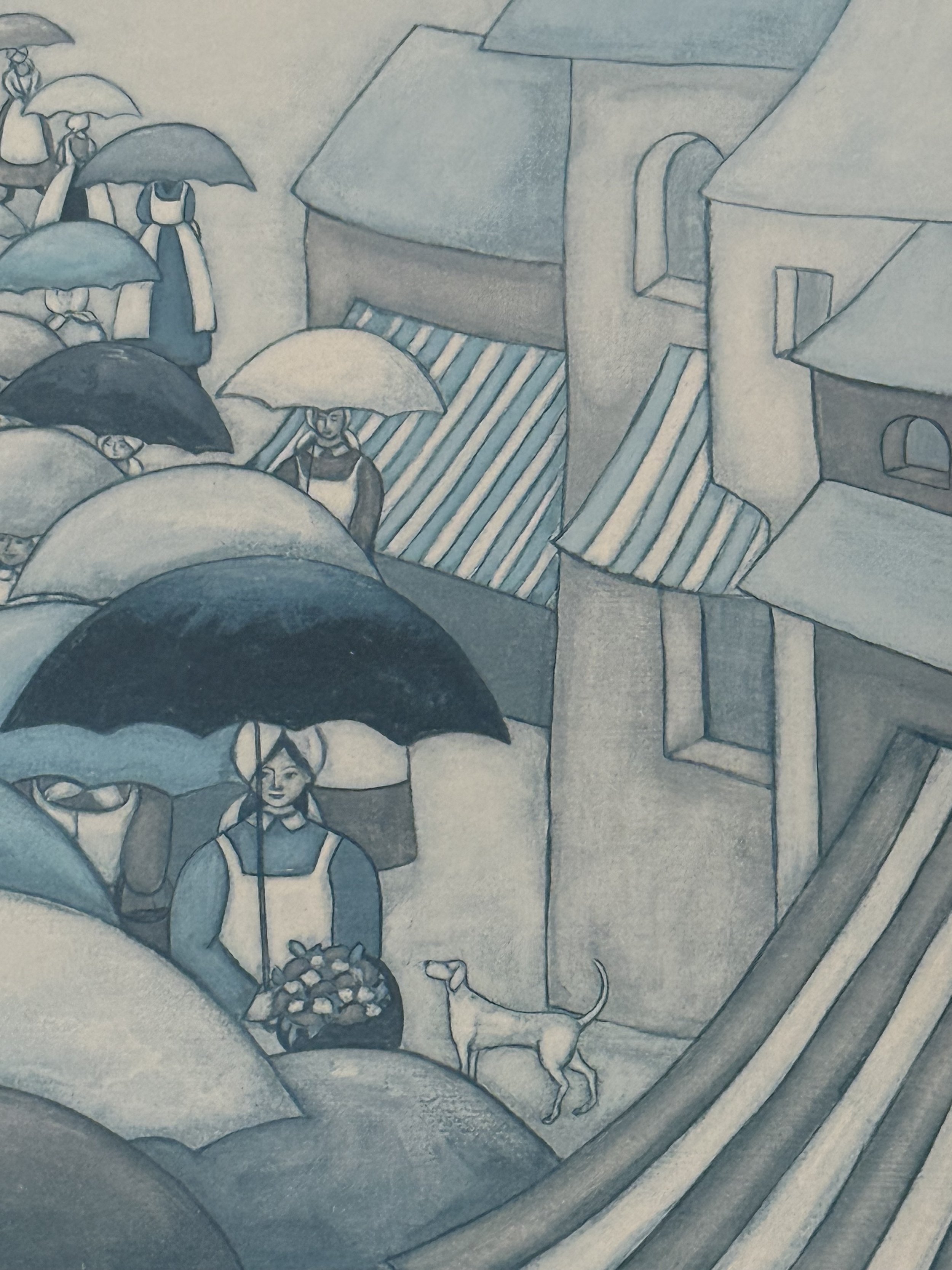 Close-up of central figure holding flowers beneath an umbrella with small dog beside her, blue monochrome folk art illustration, soft shading and narrative village scene