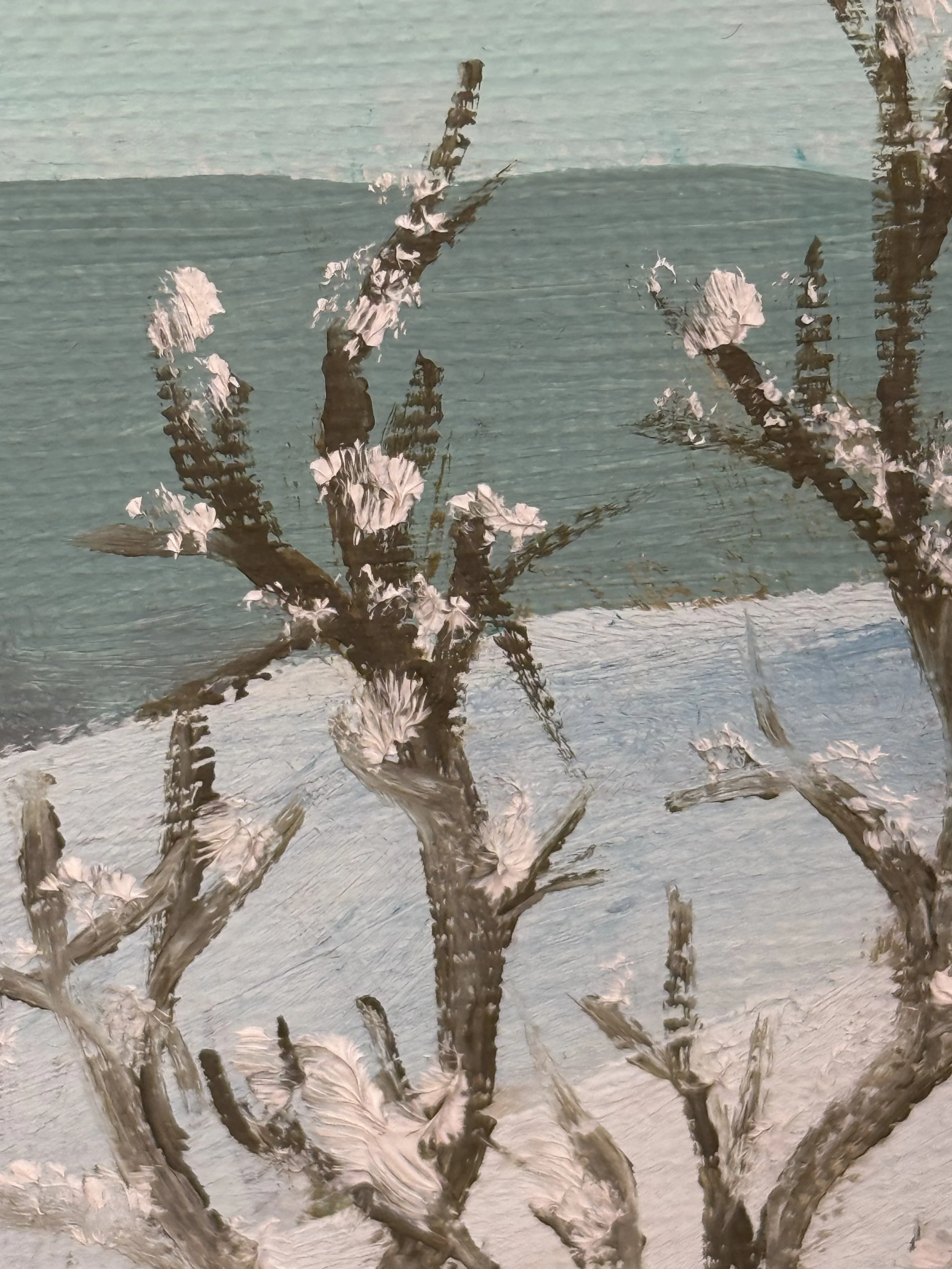 Close-up detail of bare winter branches and snow texture in vintage landscape painting