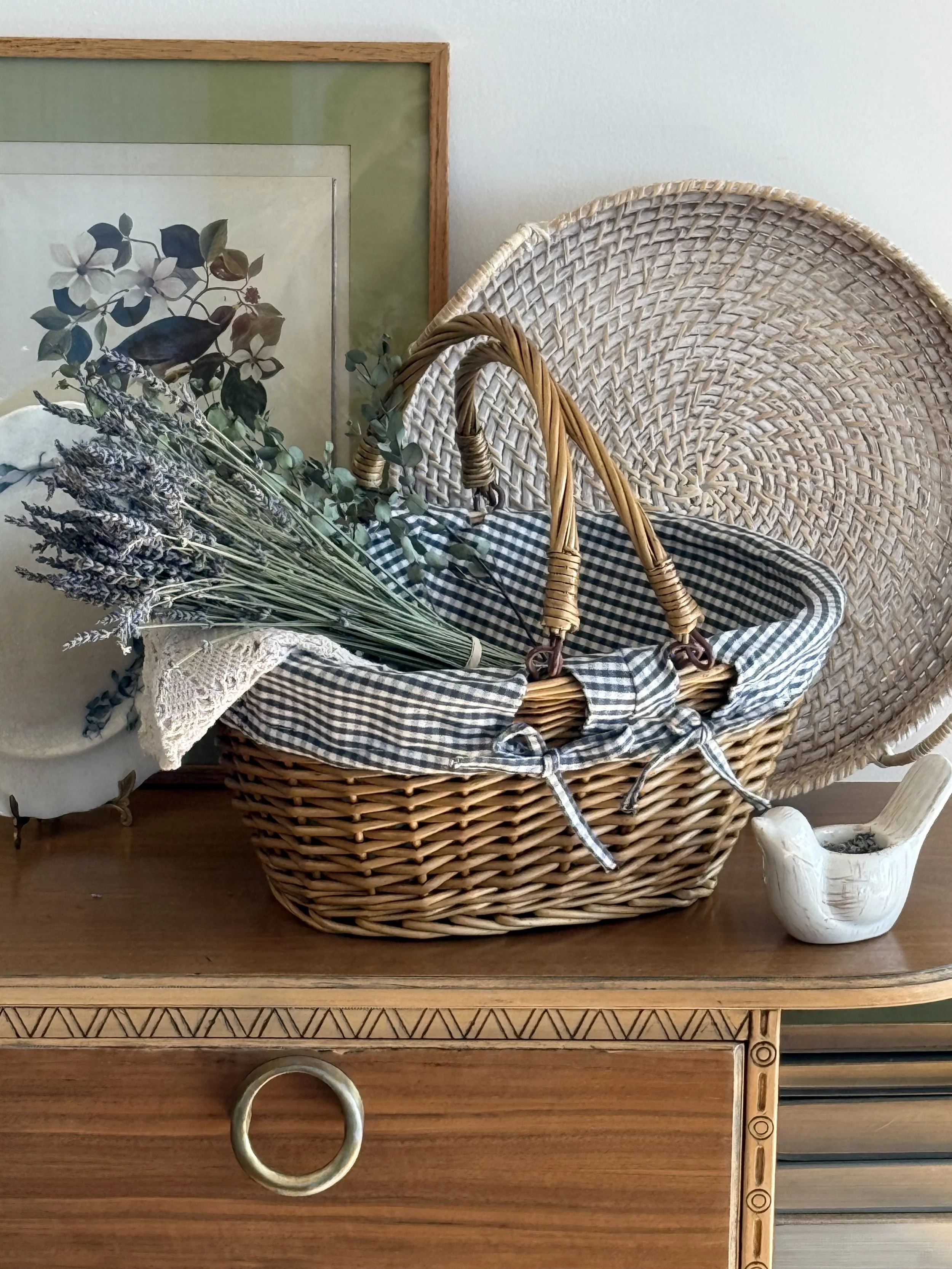 Vintage Wicker Picnic Basket with Blue Gingham Liner