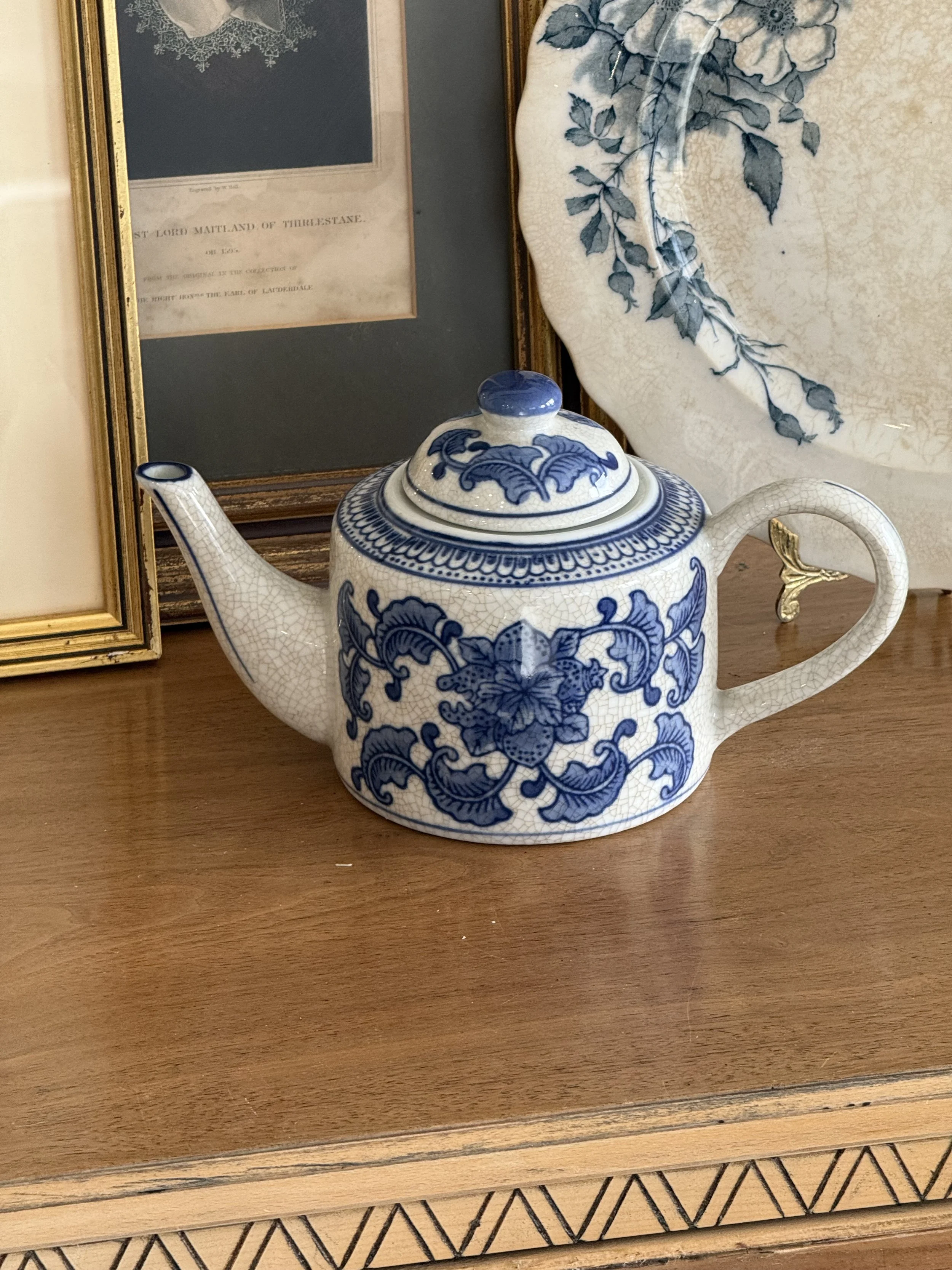 Vintage Blue & White Crackle Glaze Ceramic Teapot