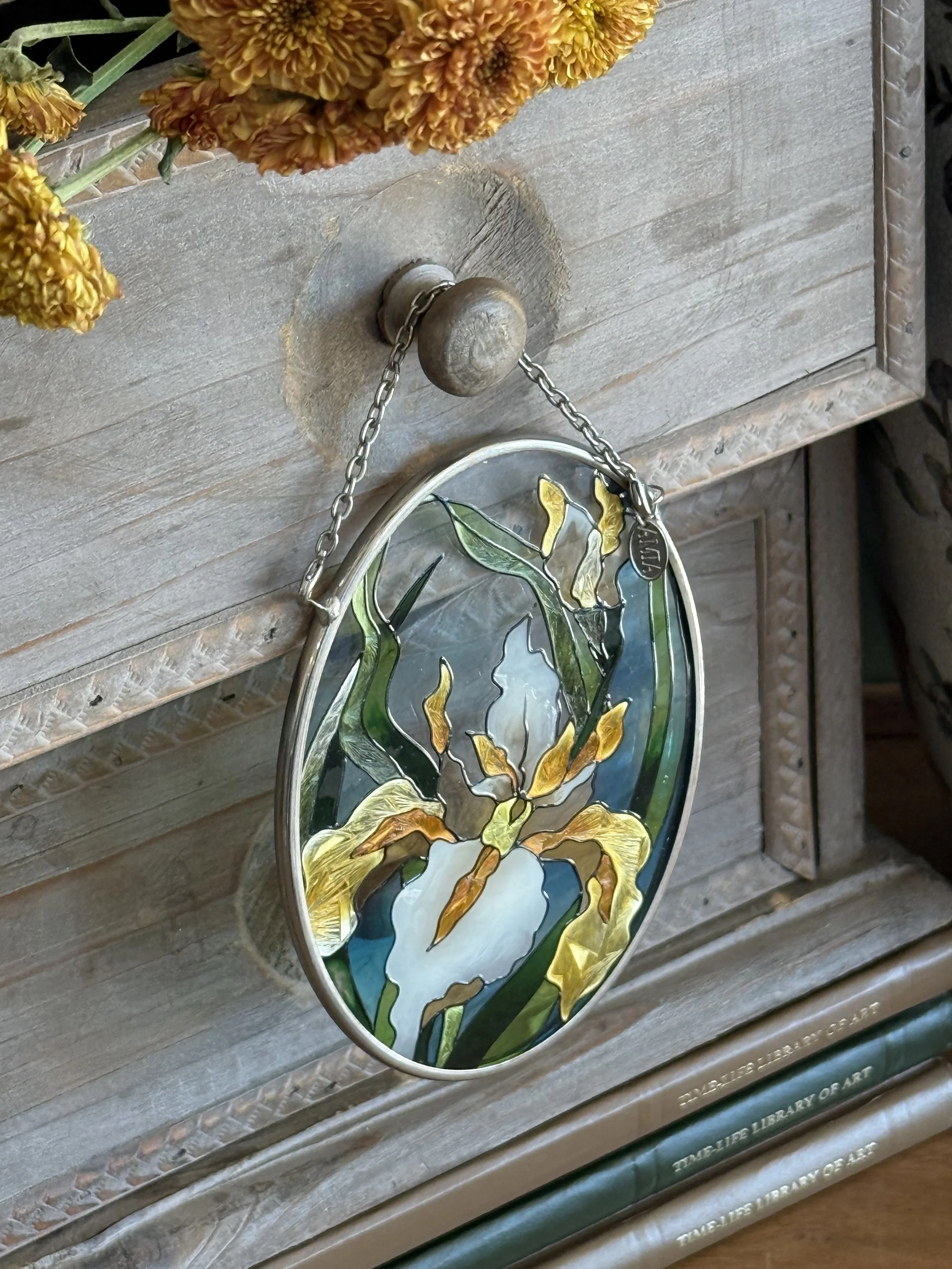 Vintage AMIA Hand Painted Iris Glass Suncatcher
