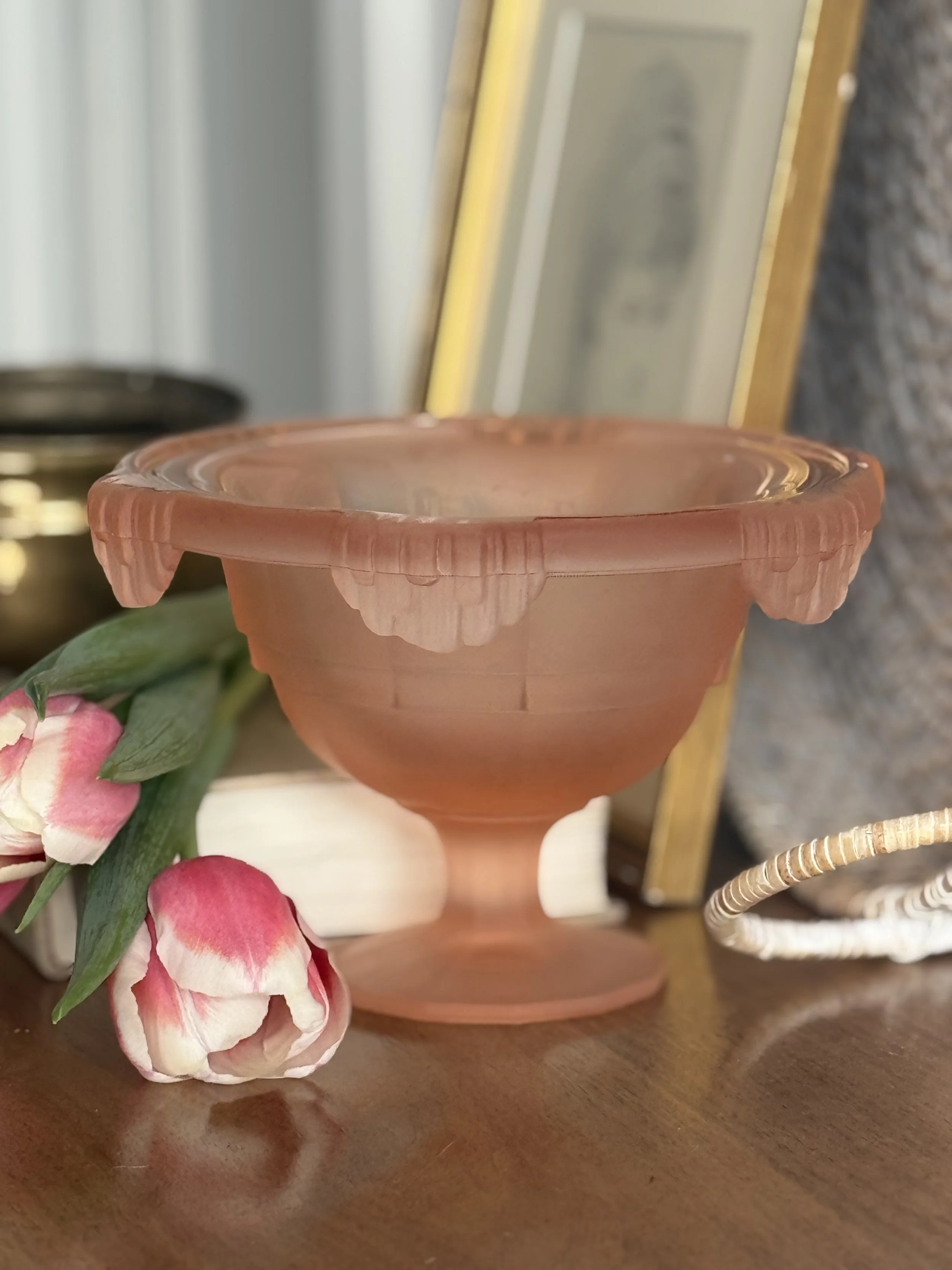 Vintage Art Deco Pink Frosted Glass Pedestal Compote Bowl