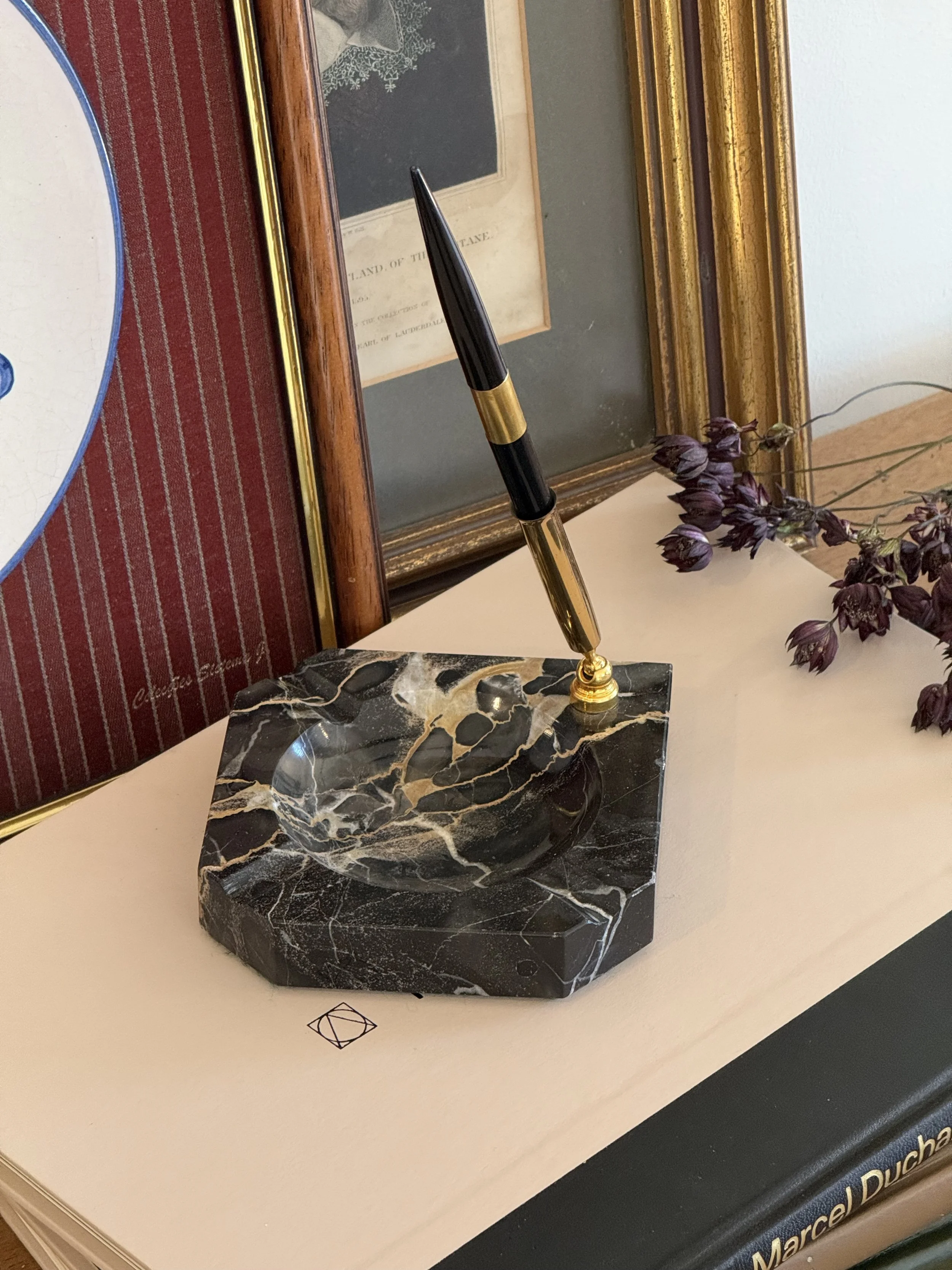 Vintage Black Marble Desk Pen Stand with Ashtray