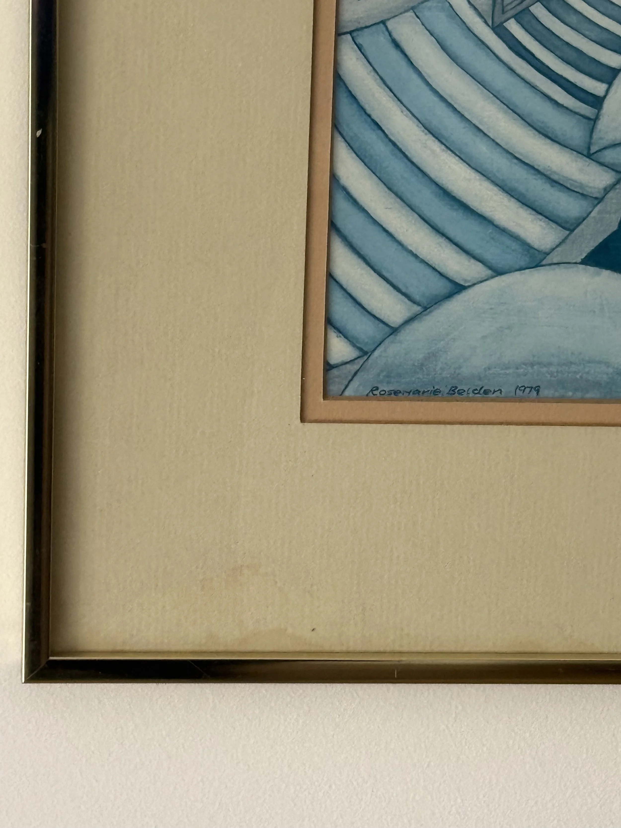 Detail of original matting and gold-tone metal frame surrounding vintage folk art drawing, showing paper texture and age-appropriate patina