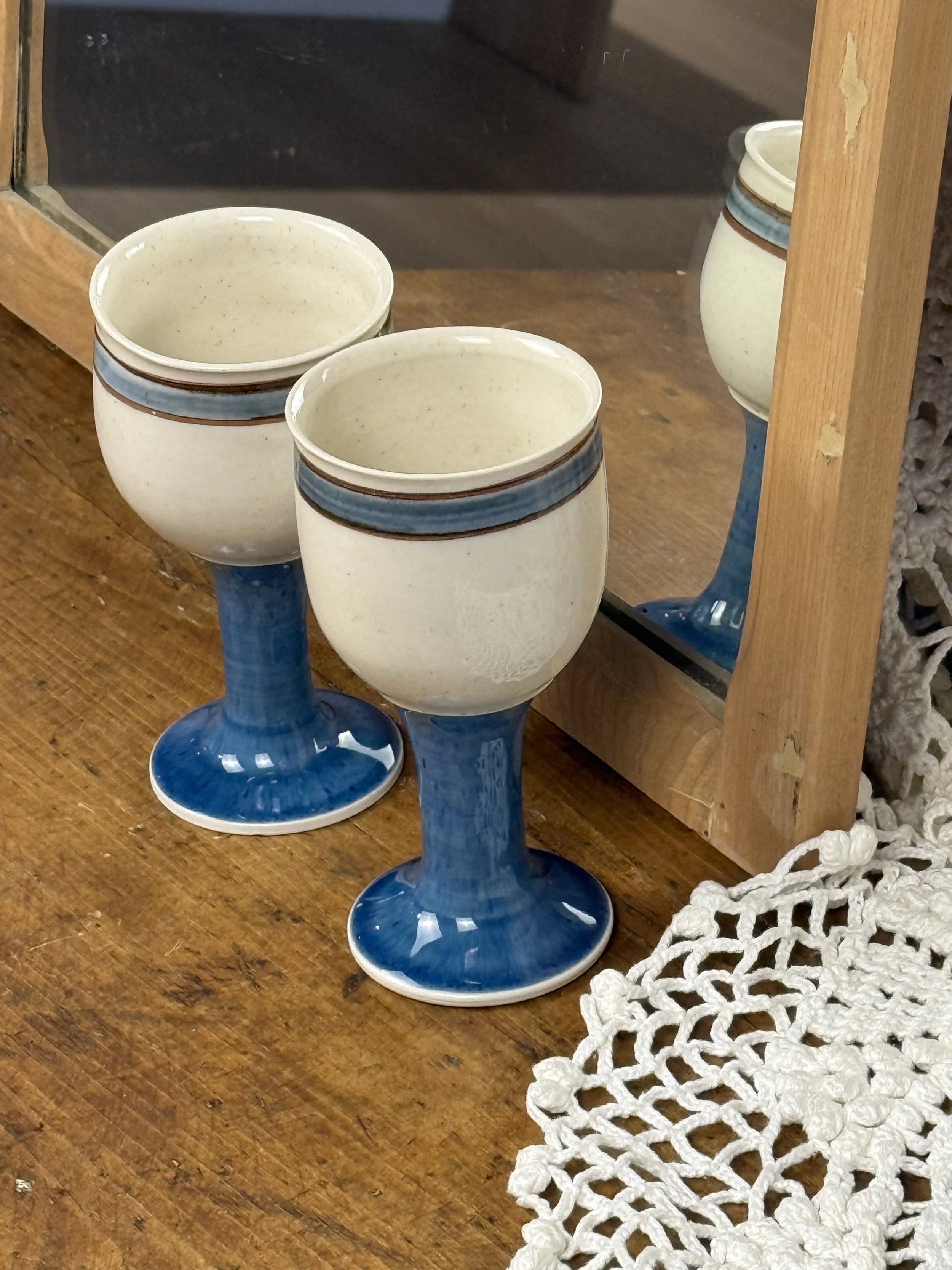 Pair of Wheel-Thrown Studio Pottery Goblets with Blue Glaze