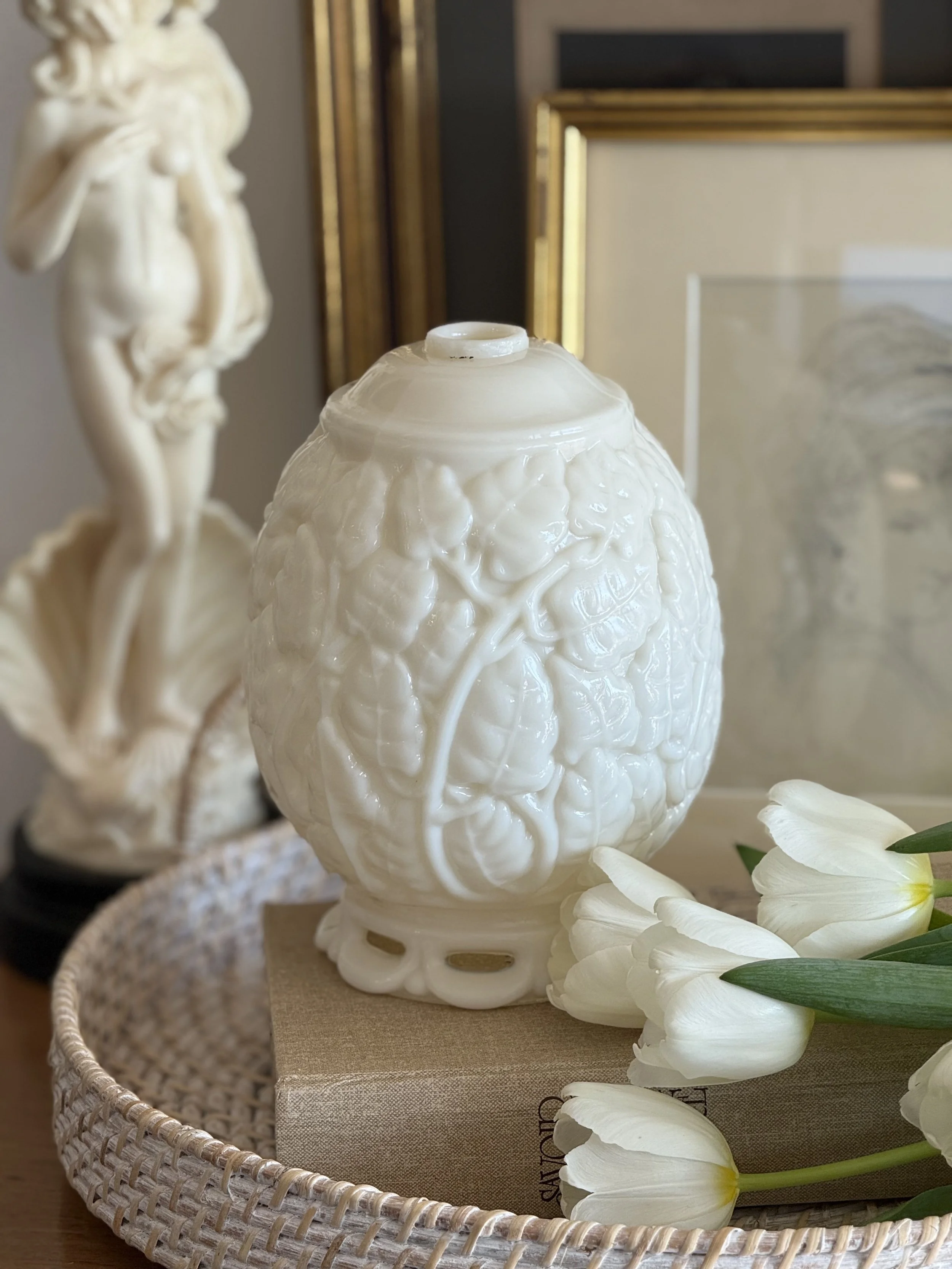 Art Nouveau Opaline Glass Lamp Body with Botanical Relief