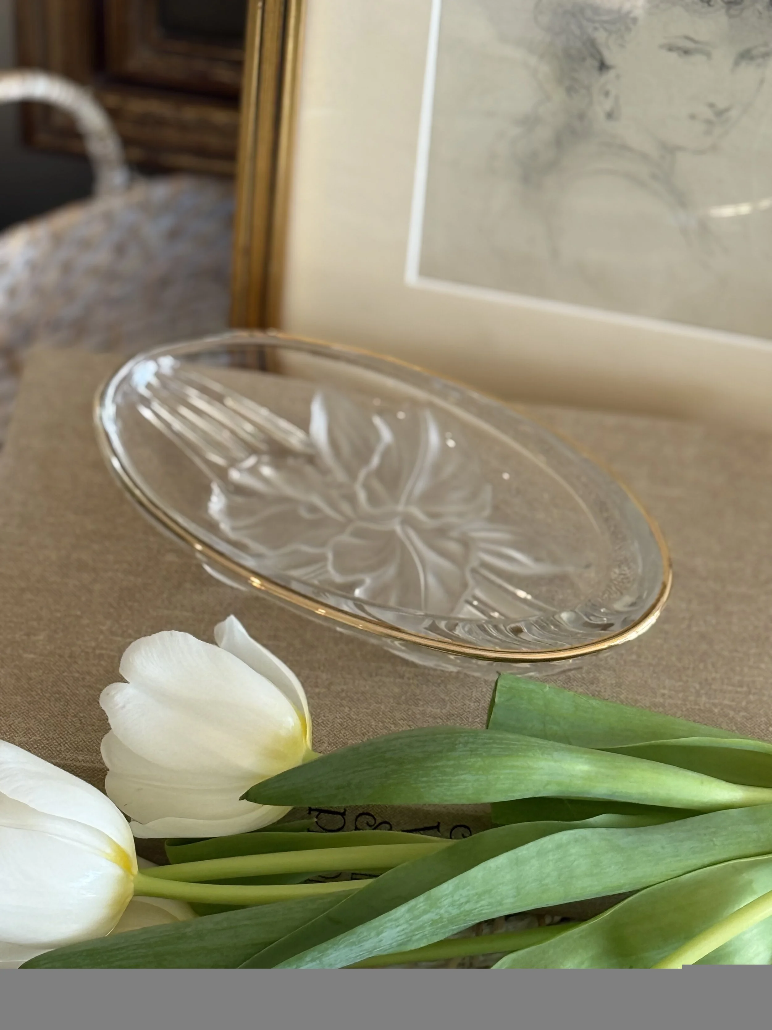 Vintage Frosted Floral Glass Vanity Tray