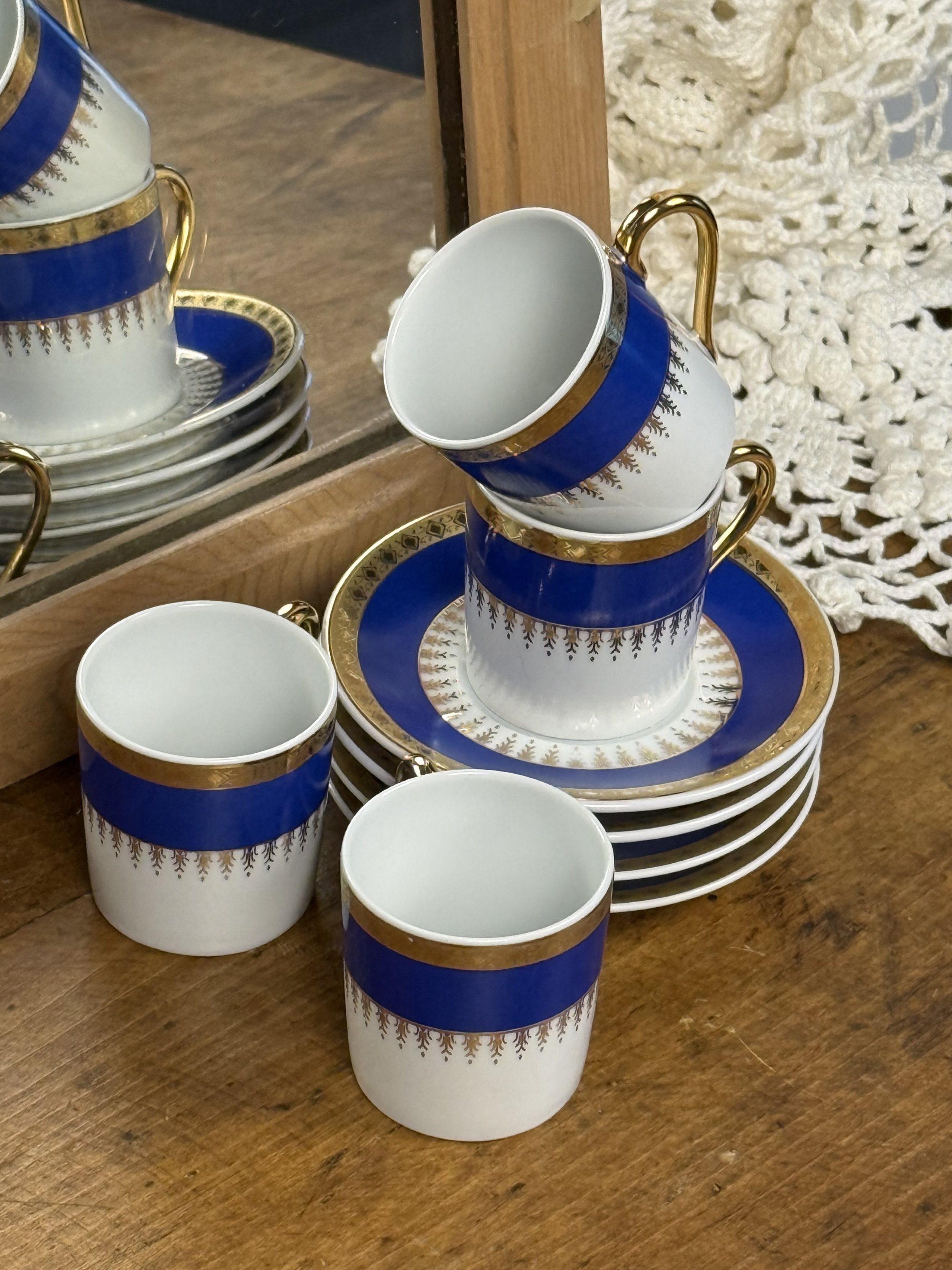 Vintage Blue & Gold Porcelain Espresso Cups with Saucers — Set of 4