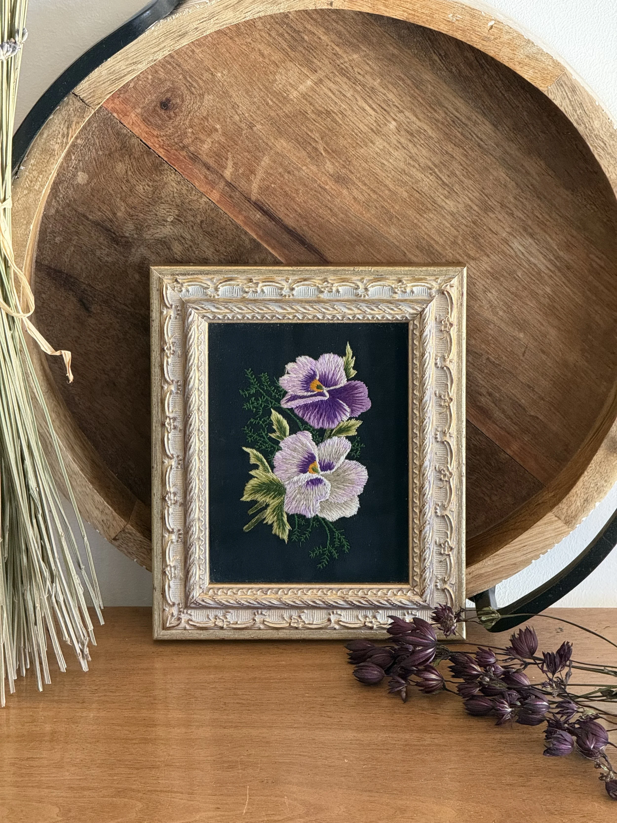 Vintage Floral Embroidery in Ornate Gold Frame