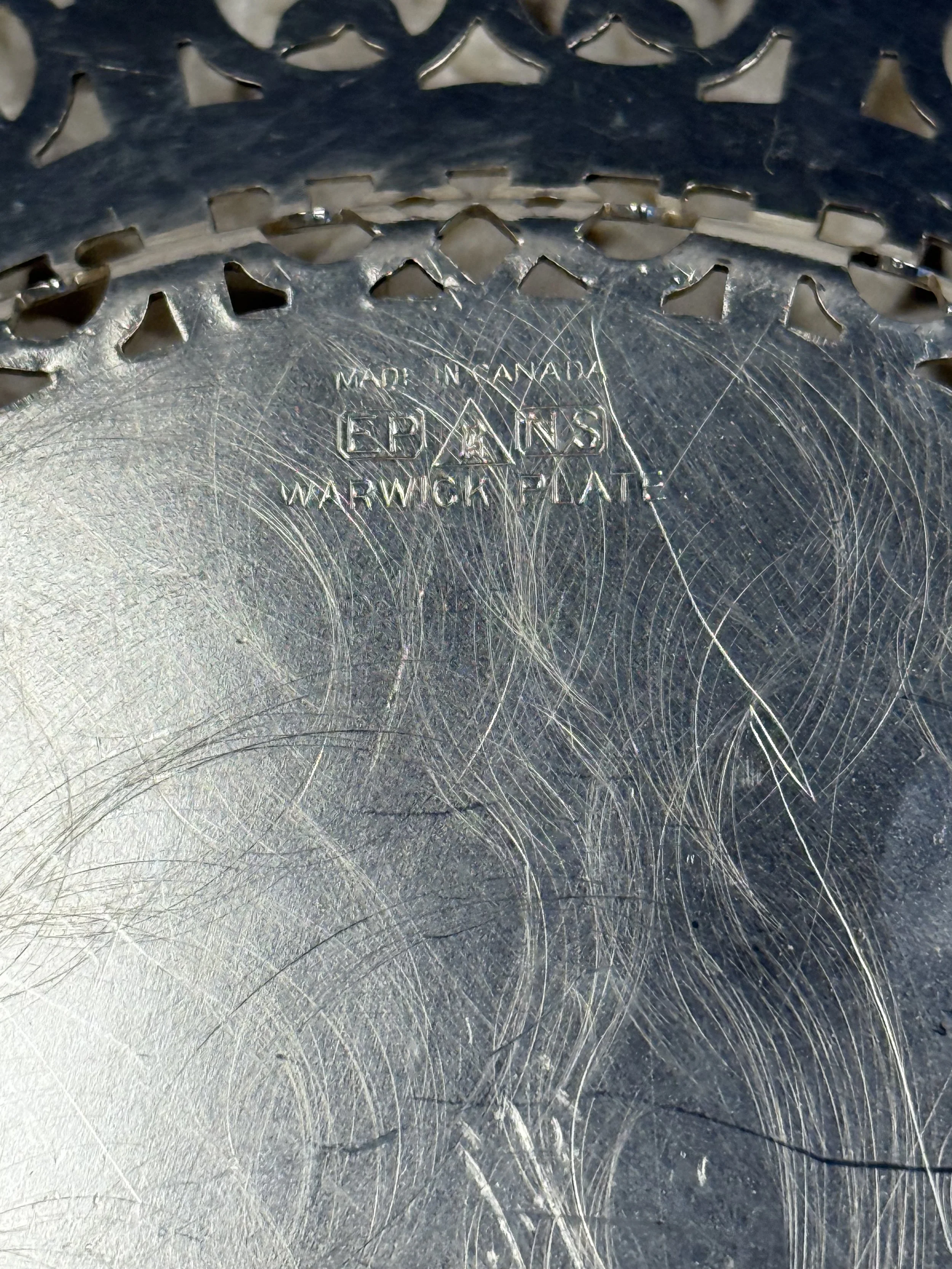 Warwick Plate Canada hallmark stamped on silverplate tray underside, vintage Canadian silverplate serving ware detail
