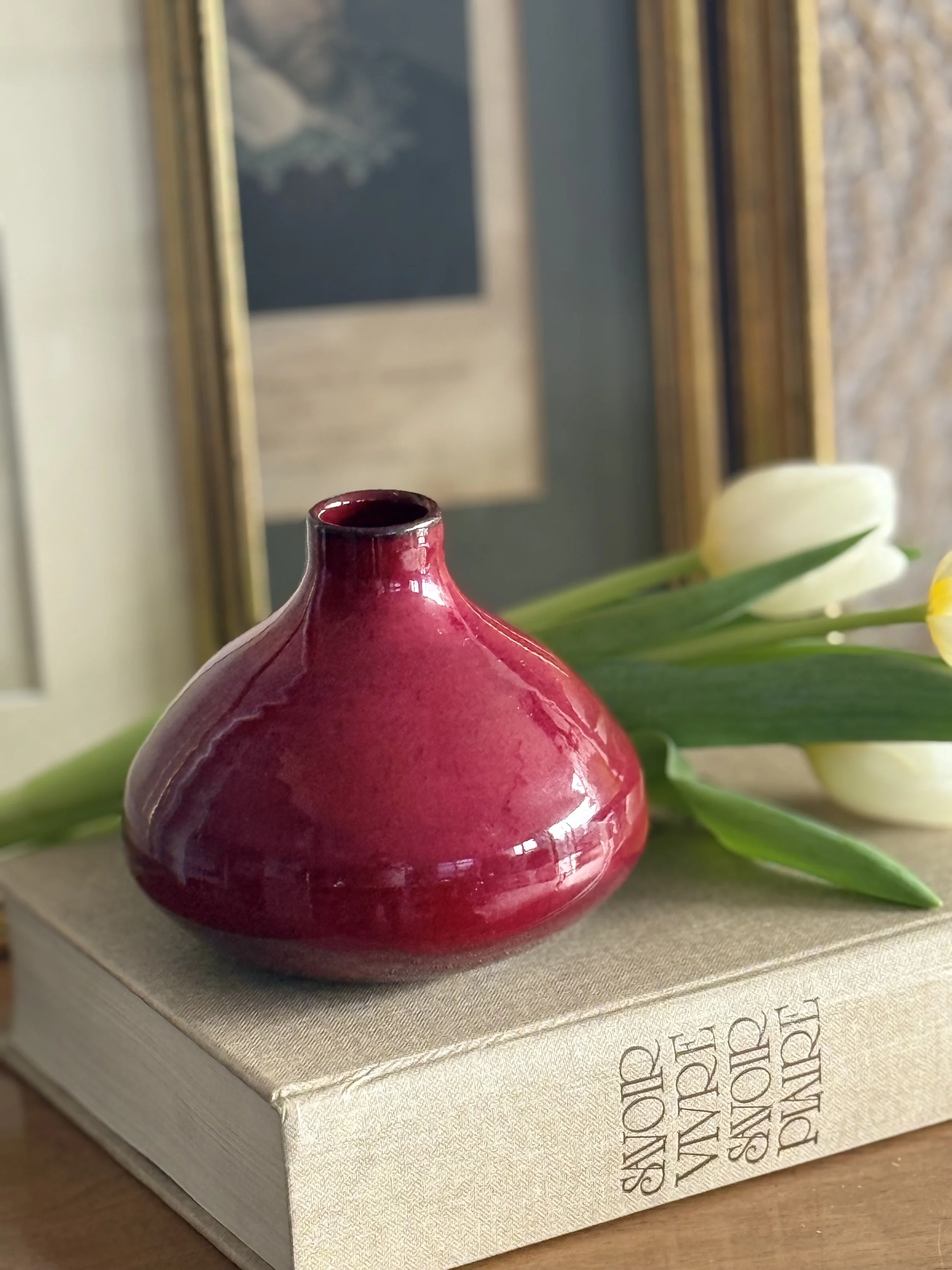 Mid-Century Red Drip Glaze Studio Pottery Bud Vase