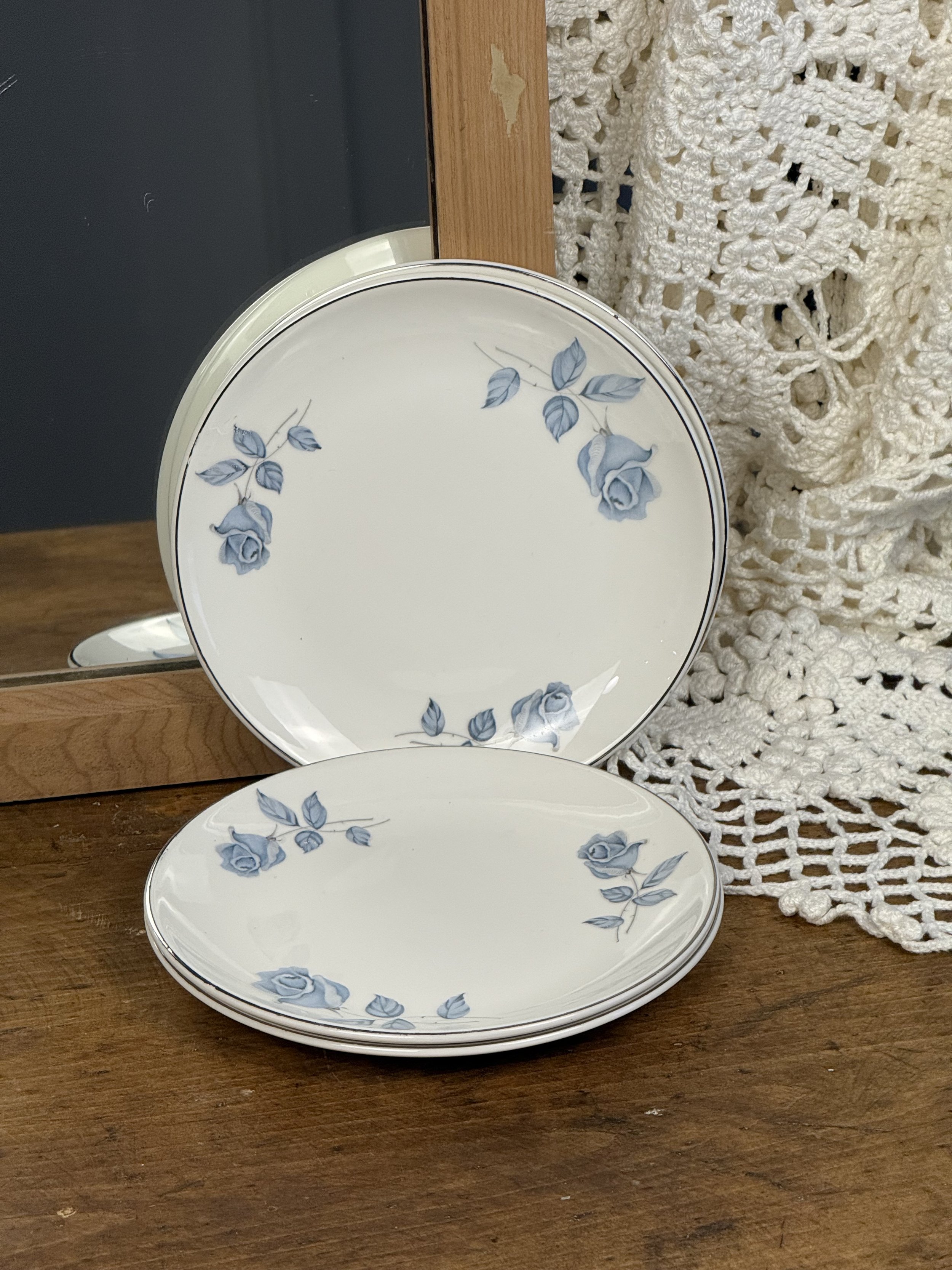 Vintage Blue Rose Porcelain Dessert Plates - Set of 4