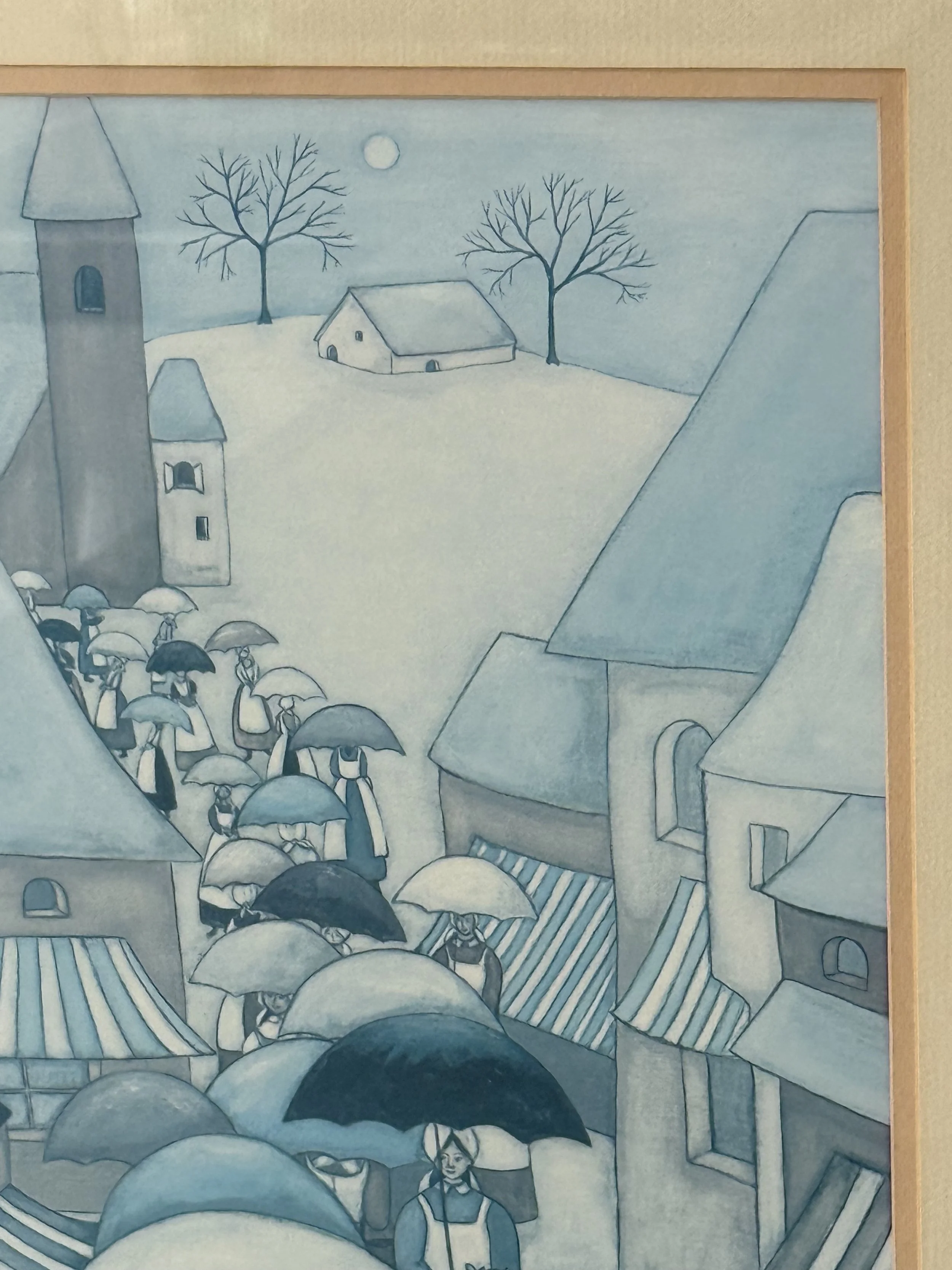 Detail of vintage folk art village scene in cool blue hues showing rooftops, bare trees, moonlit sky, and distant houses, naïve illustrative style, signed and dated artwork