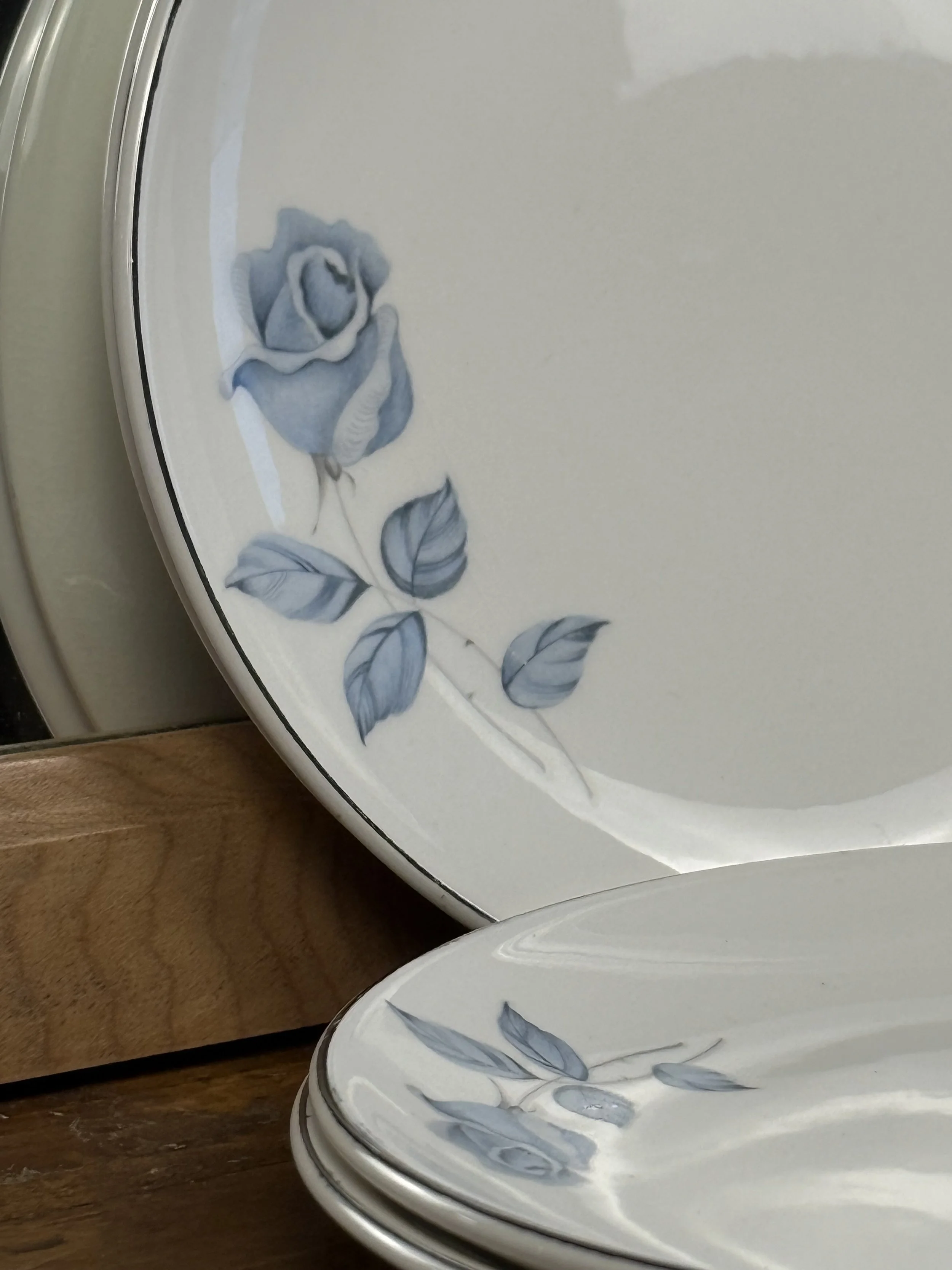 Close-up of vintage porcelain dessert plate rim showing pale blue rose floral motif and silver-tone border, delicate romantic revival design with visible glaze texture