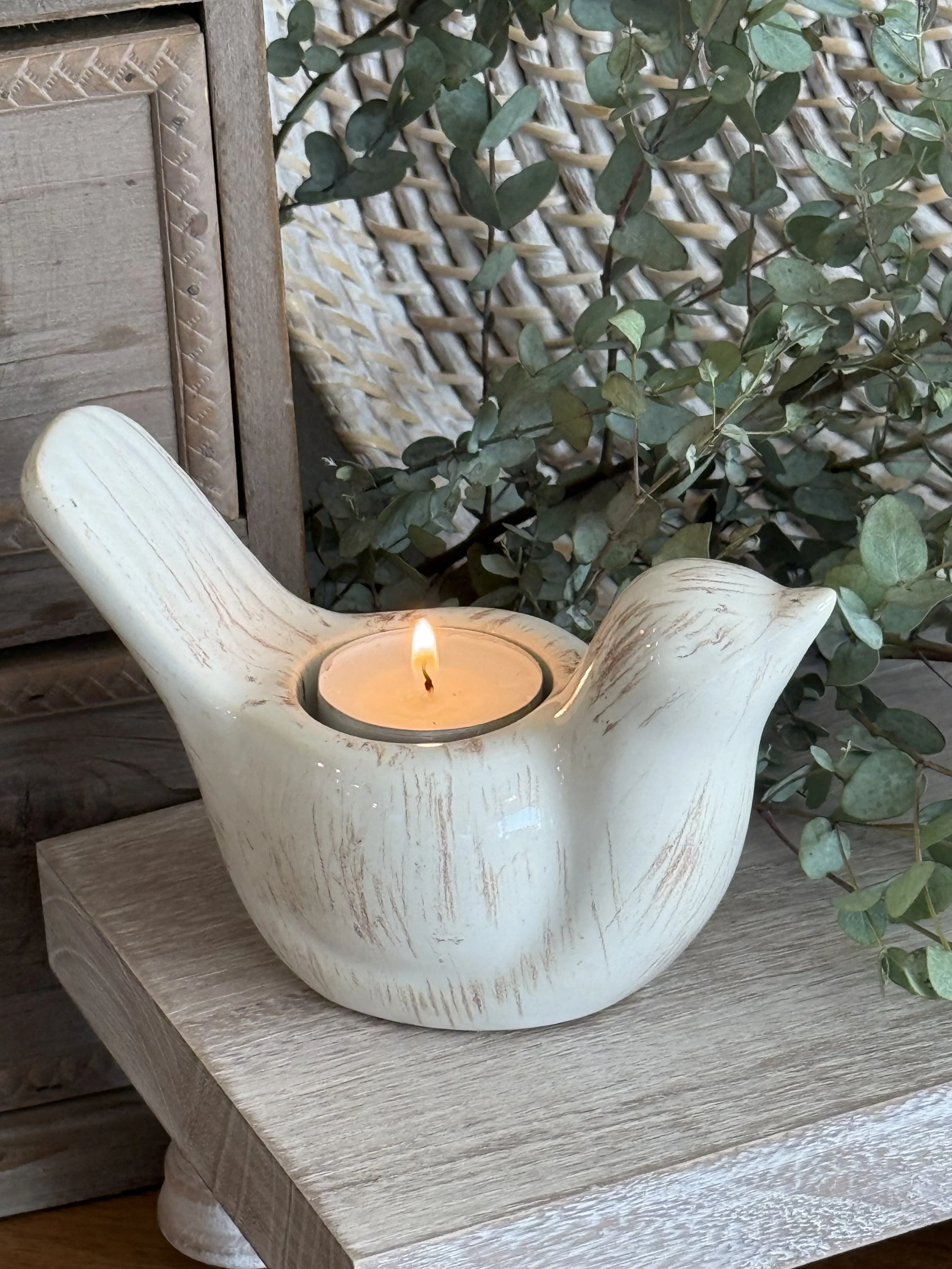 Vintage Cream Ceramic Bird Tealight Candle Holder