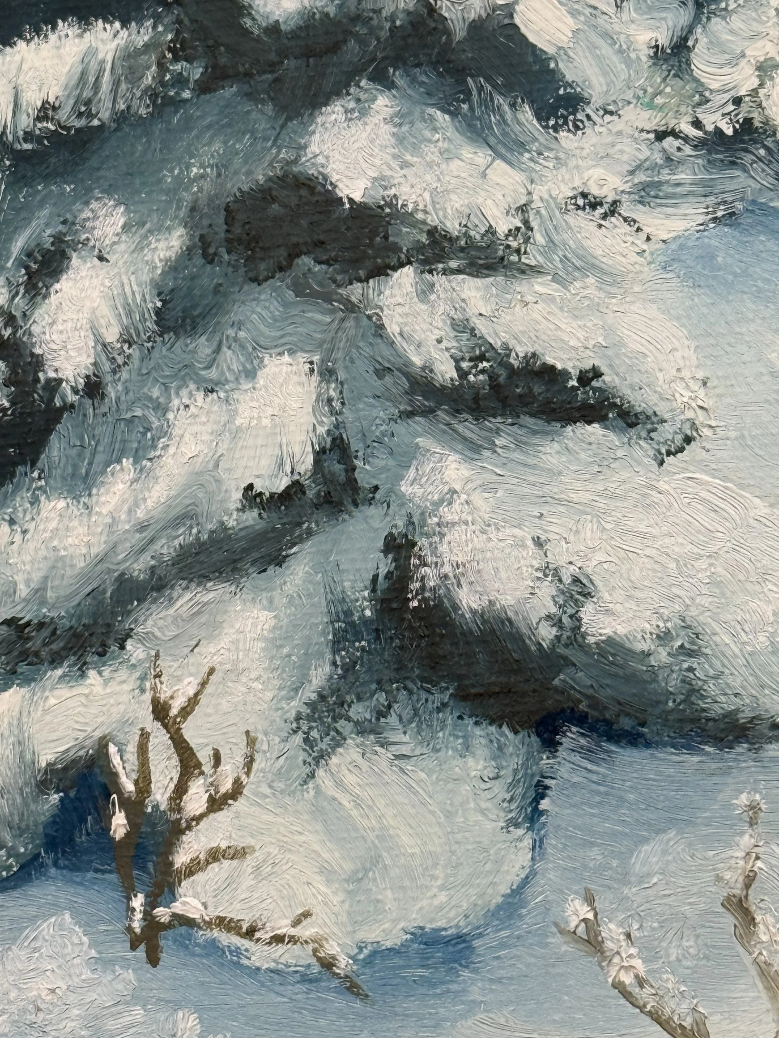 Detail of thick impasto brushstrokes in snow and foliage, vintage winter landscape painting