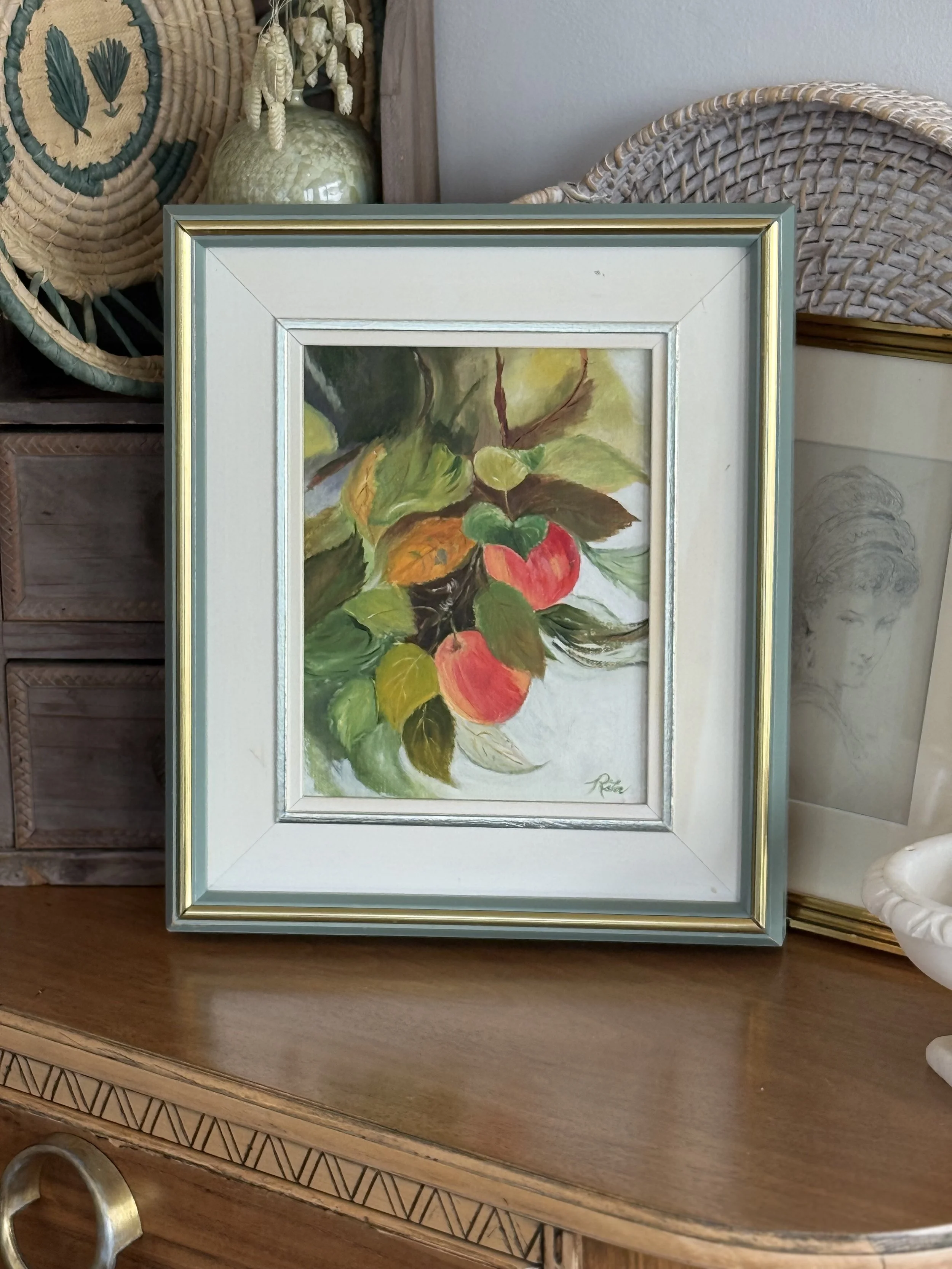 Vintage Signed Apple Still Life Painting in Green Frame