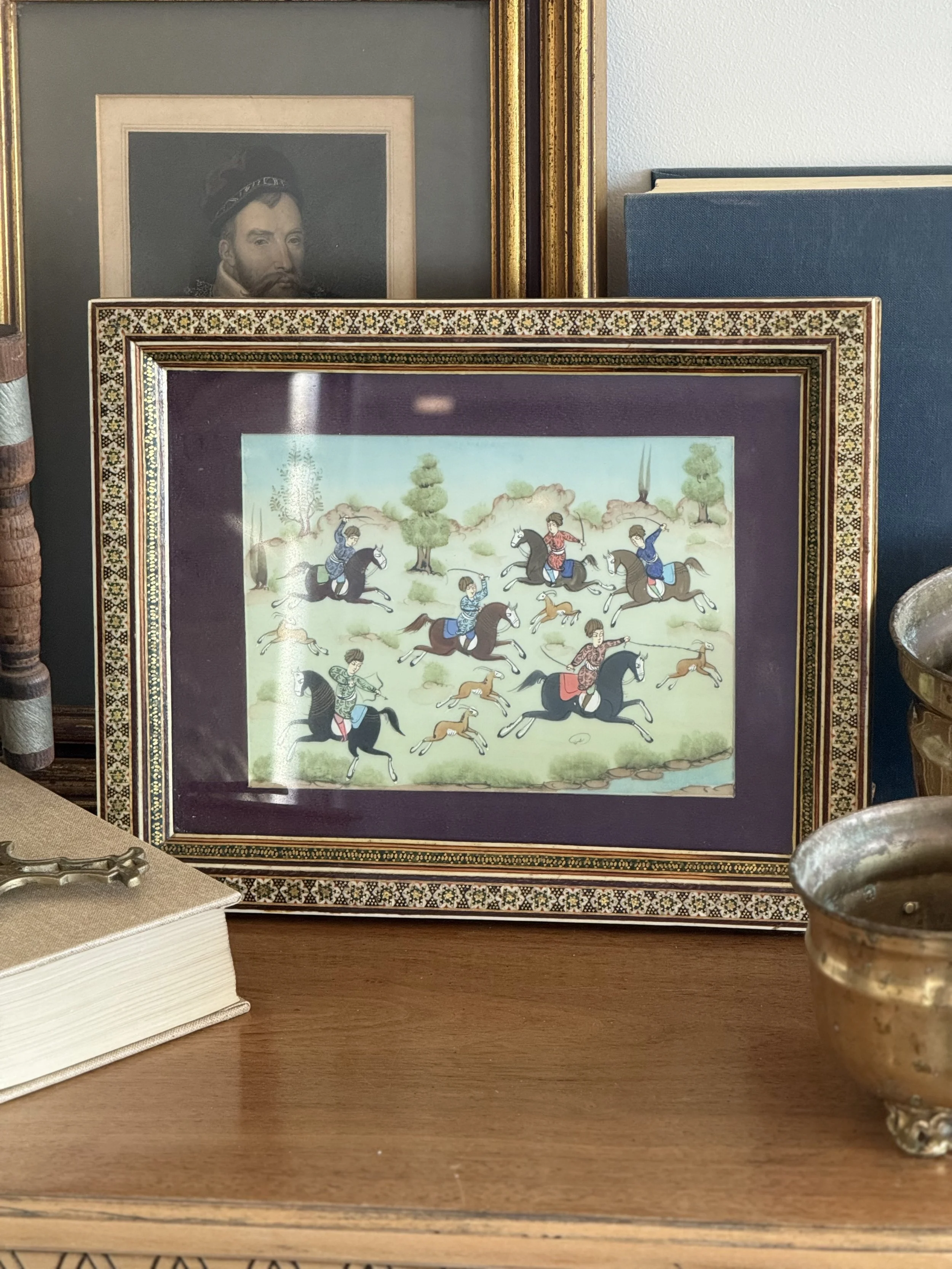 Vintage Persian Miniature Hunting Scene Artwork