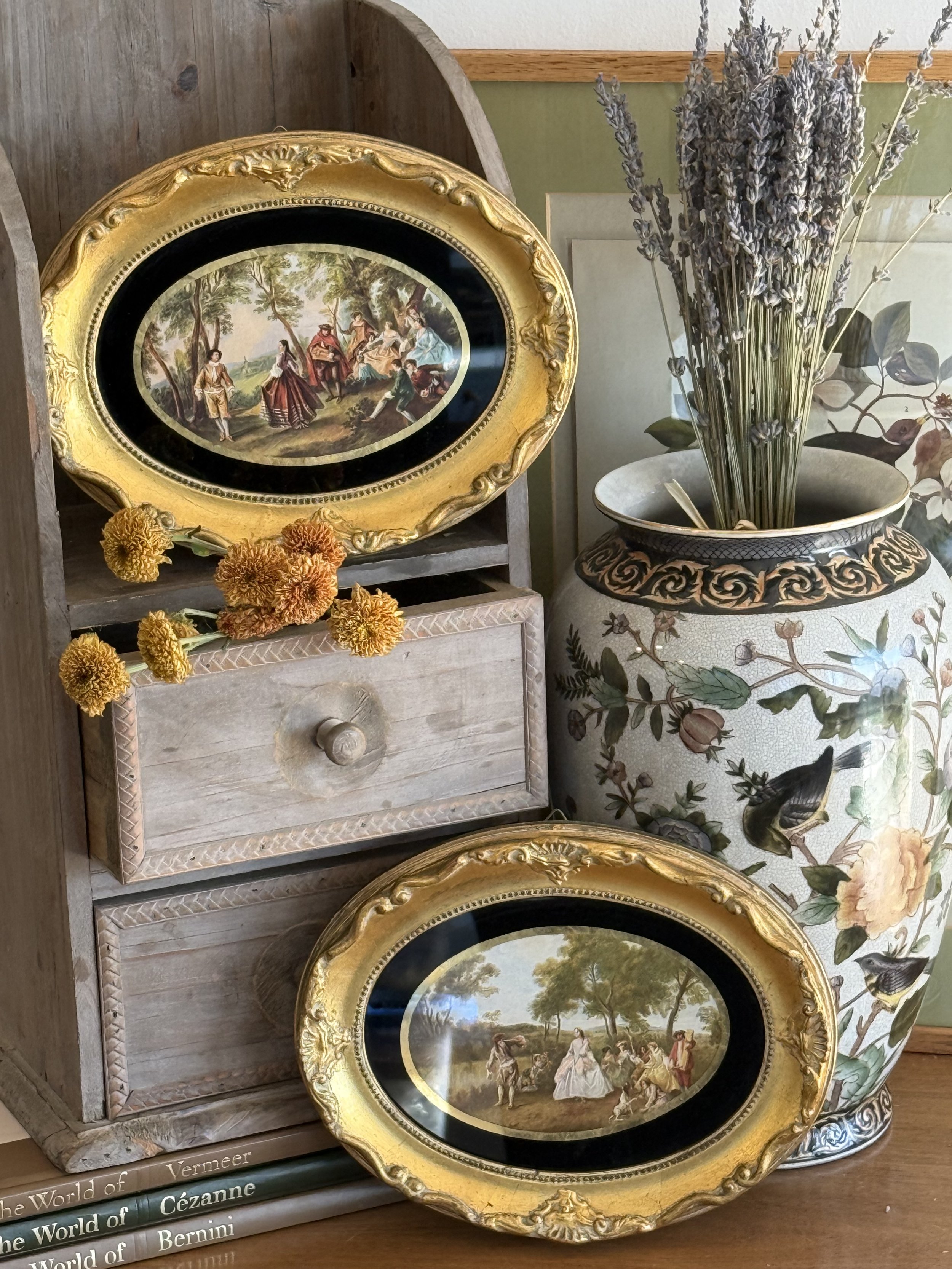 Vintage Oval Pastoral Prints in Ornate Gilt Frames, Pair