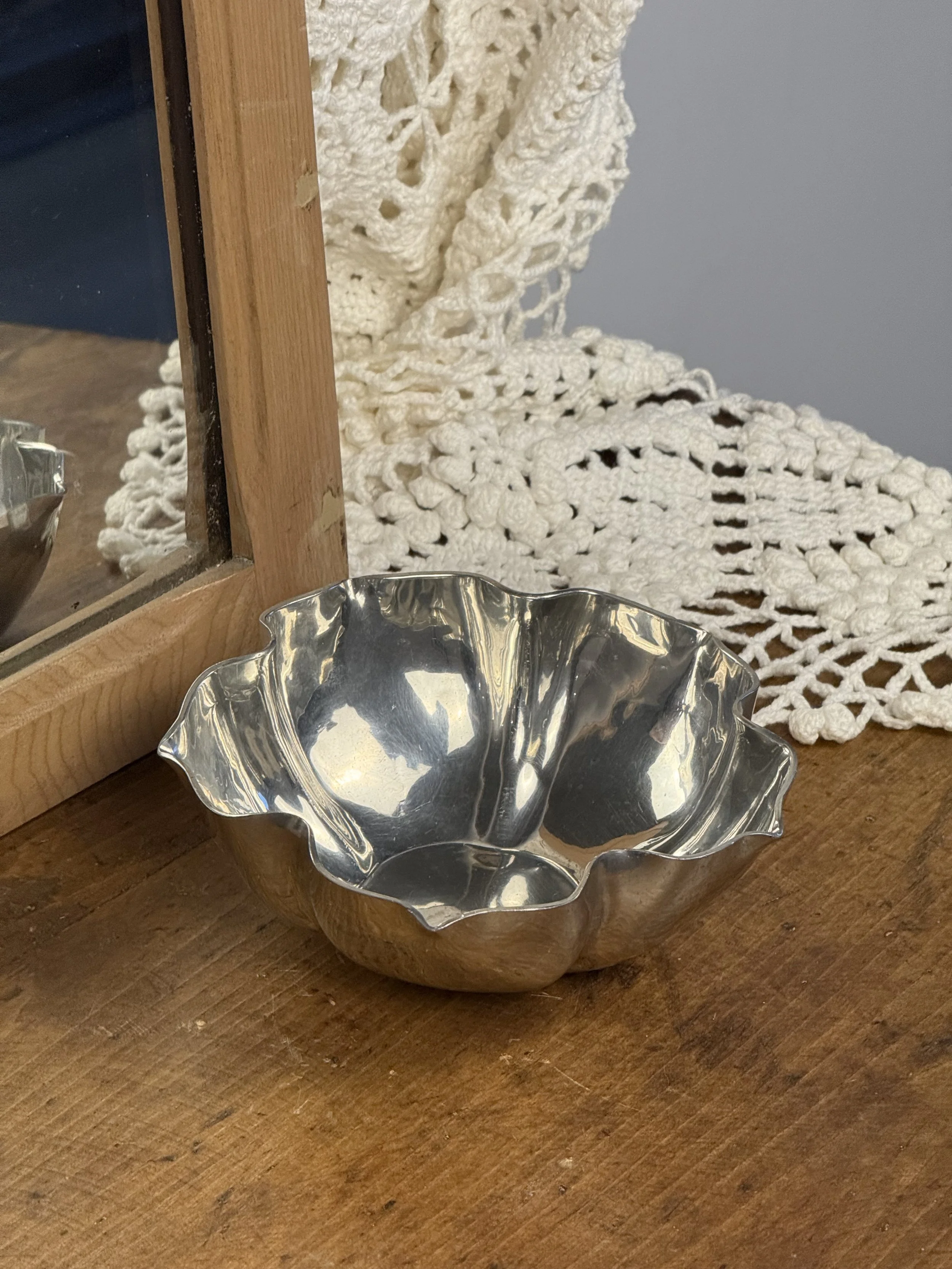Handwrought Polished Steel Silver Floral Bowl by J. Martine
