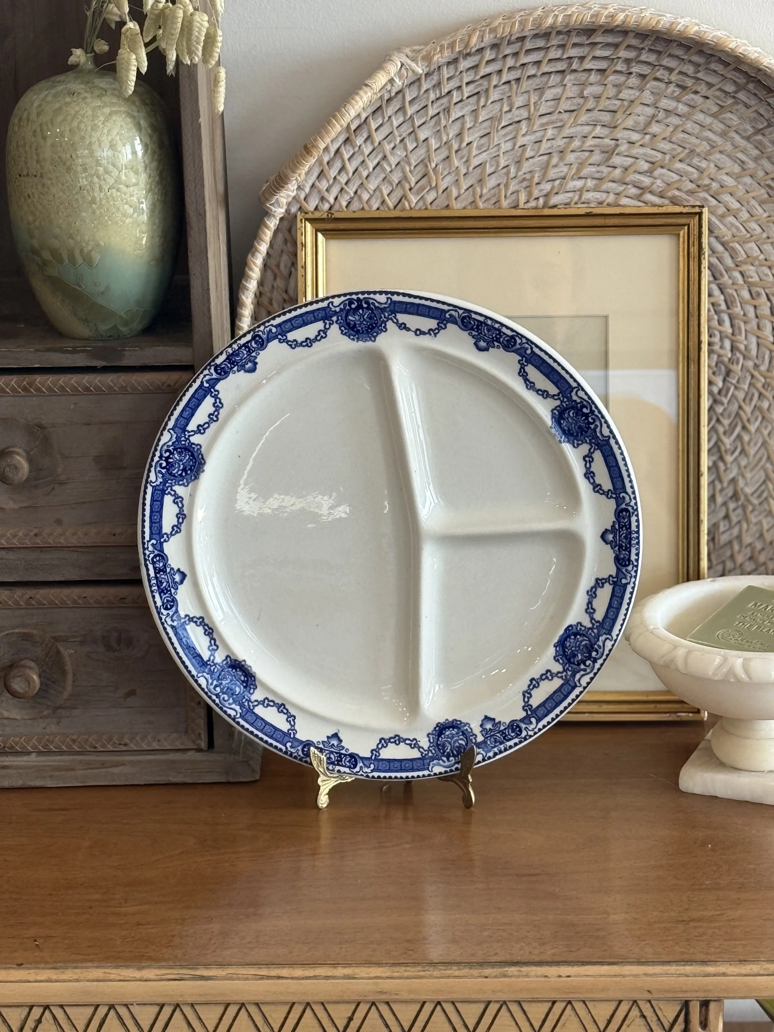 Antique English Blue Transferware Divided Grill Plate