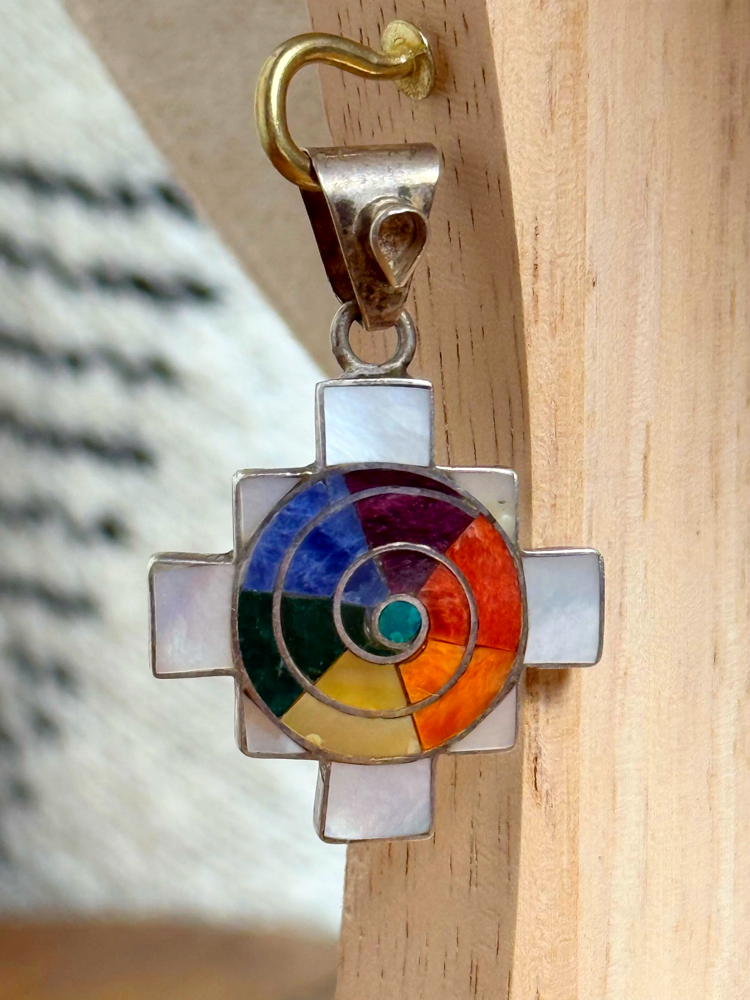 Sterling Silver Andean Pendant with Multicolor Stone Inlay