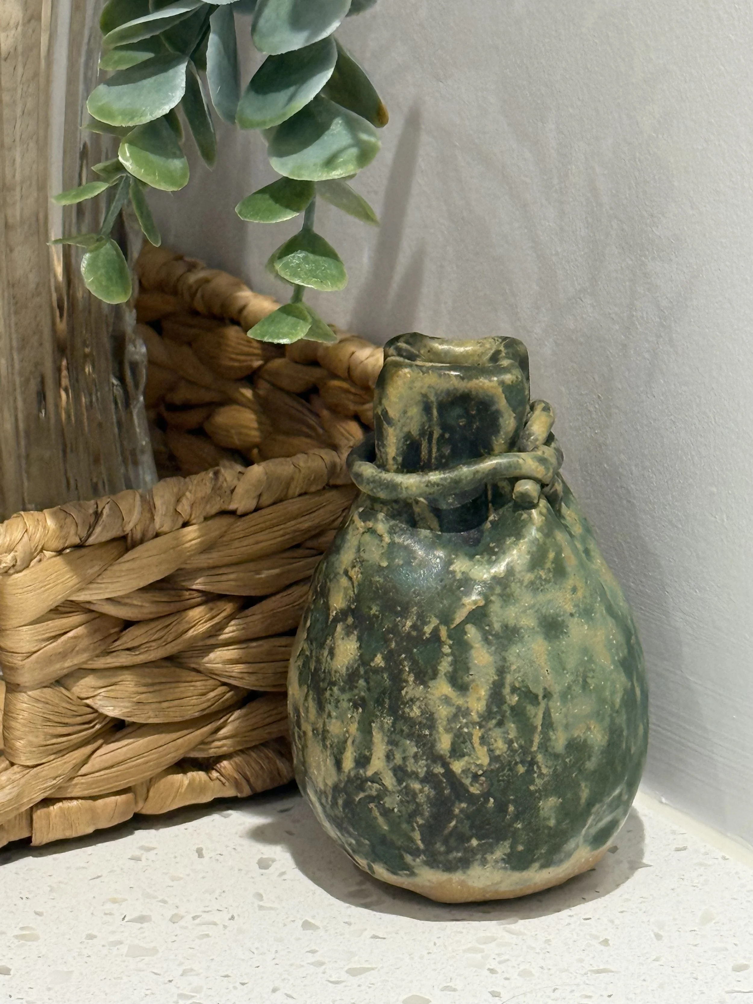Artisan Green Pottery Pouch Vase
