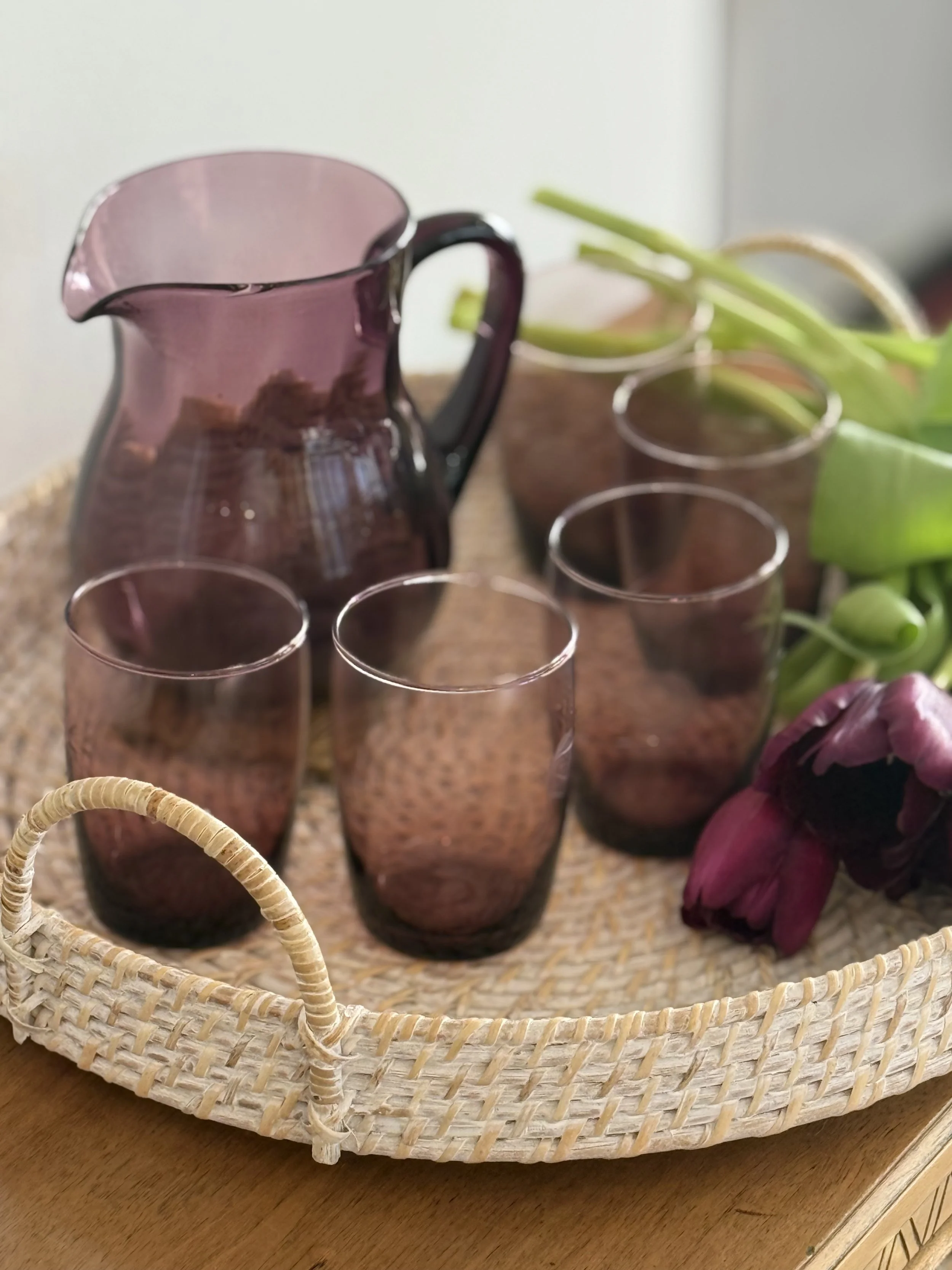 Vintage Amethyst Glass Pitcher & Tumblers Set