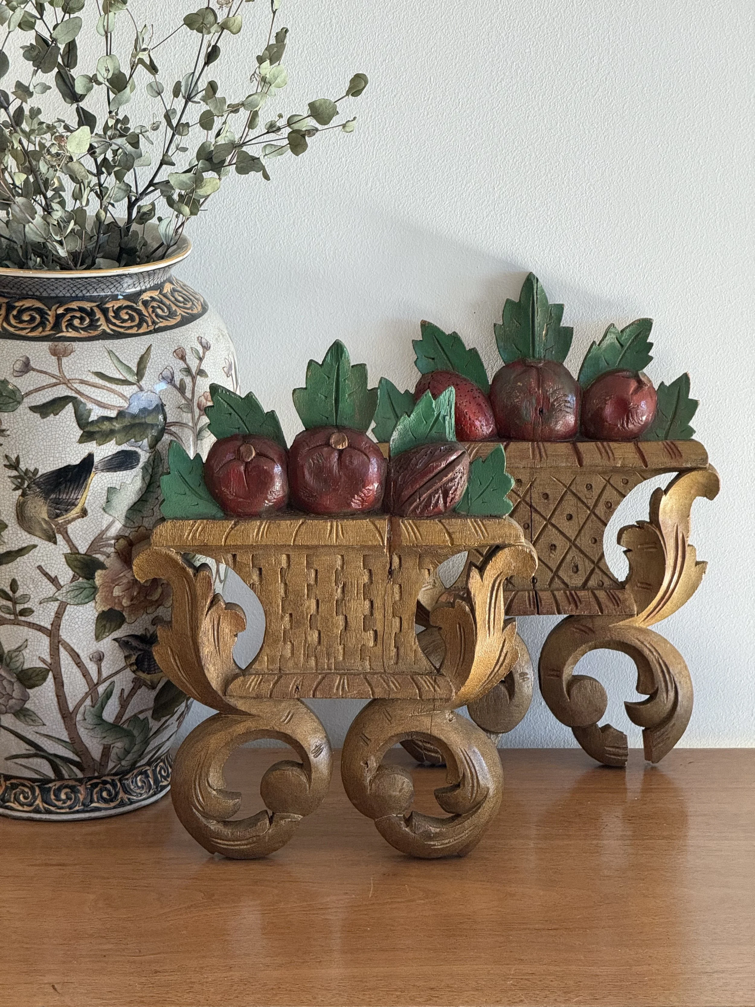 Vintage Hand-Carved Wood Fruit Basket Wall Plaques, Pair