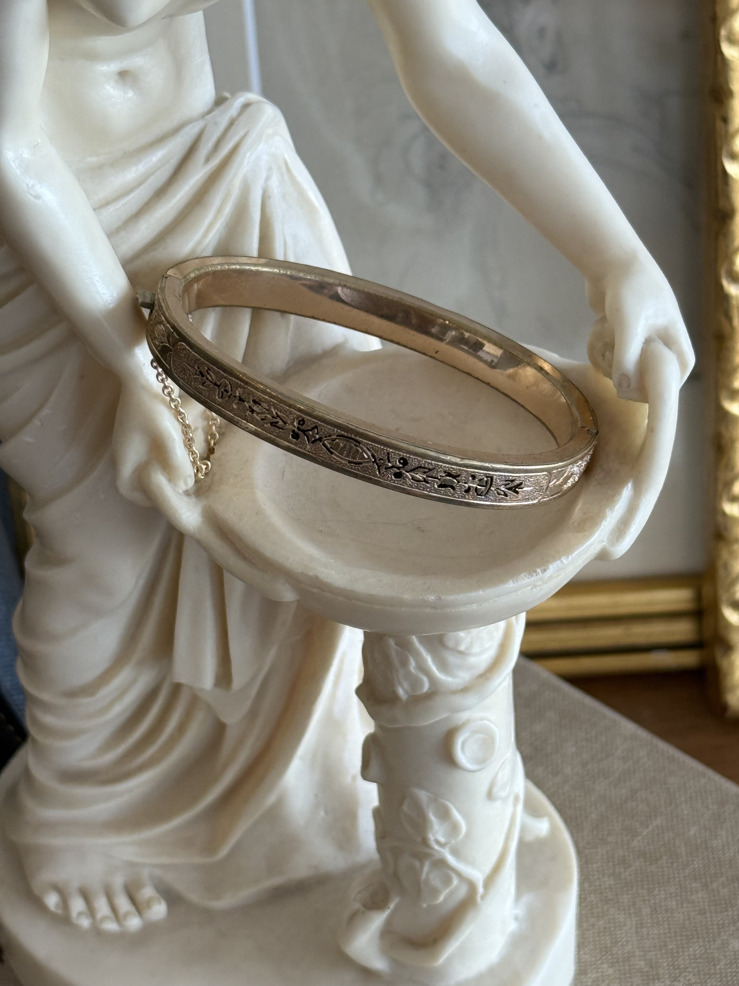 Antique Engraved Gold Plated Hinged Bangle Bracelet