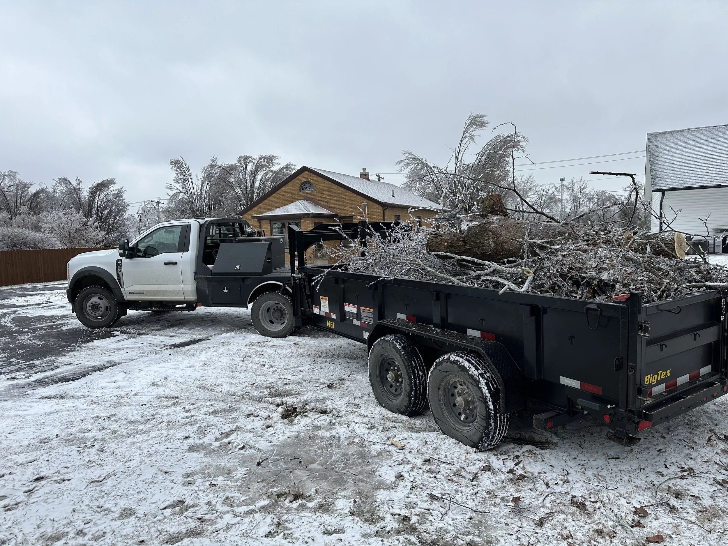 A pickup truck with a flatbed loaded with fallen tree debris, parked on a snow-covered driveway in a residential neighborhood, with trees and houses in the background on a cloudy winter day.