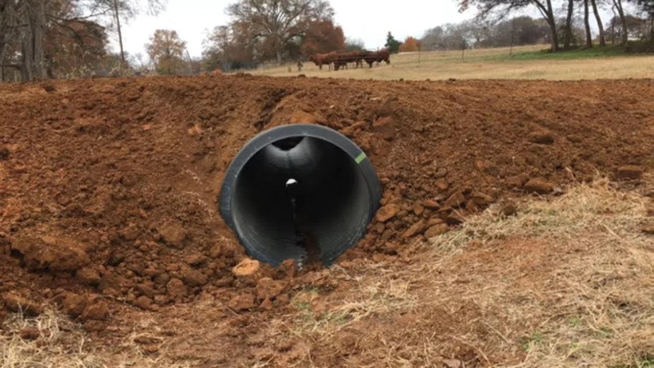 A large black drainage pipe installed in a dirt trench on a farm field with cows in the background.