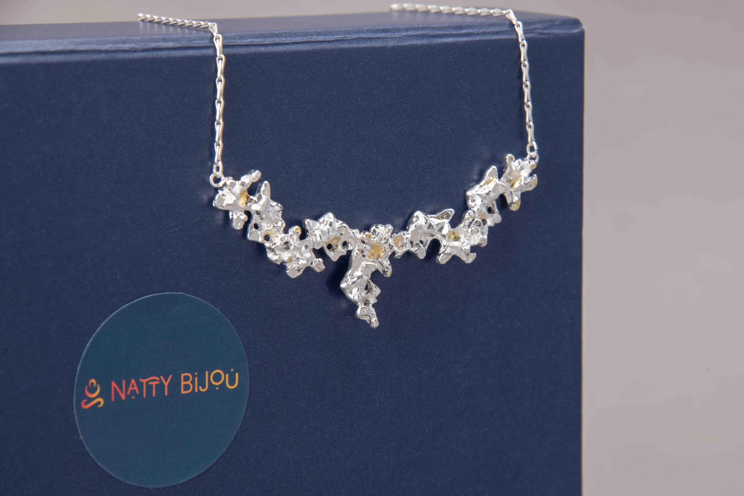 Silver necklace with star-shaped design on a dark blue box.
