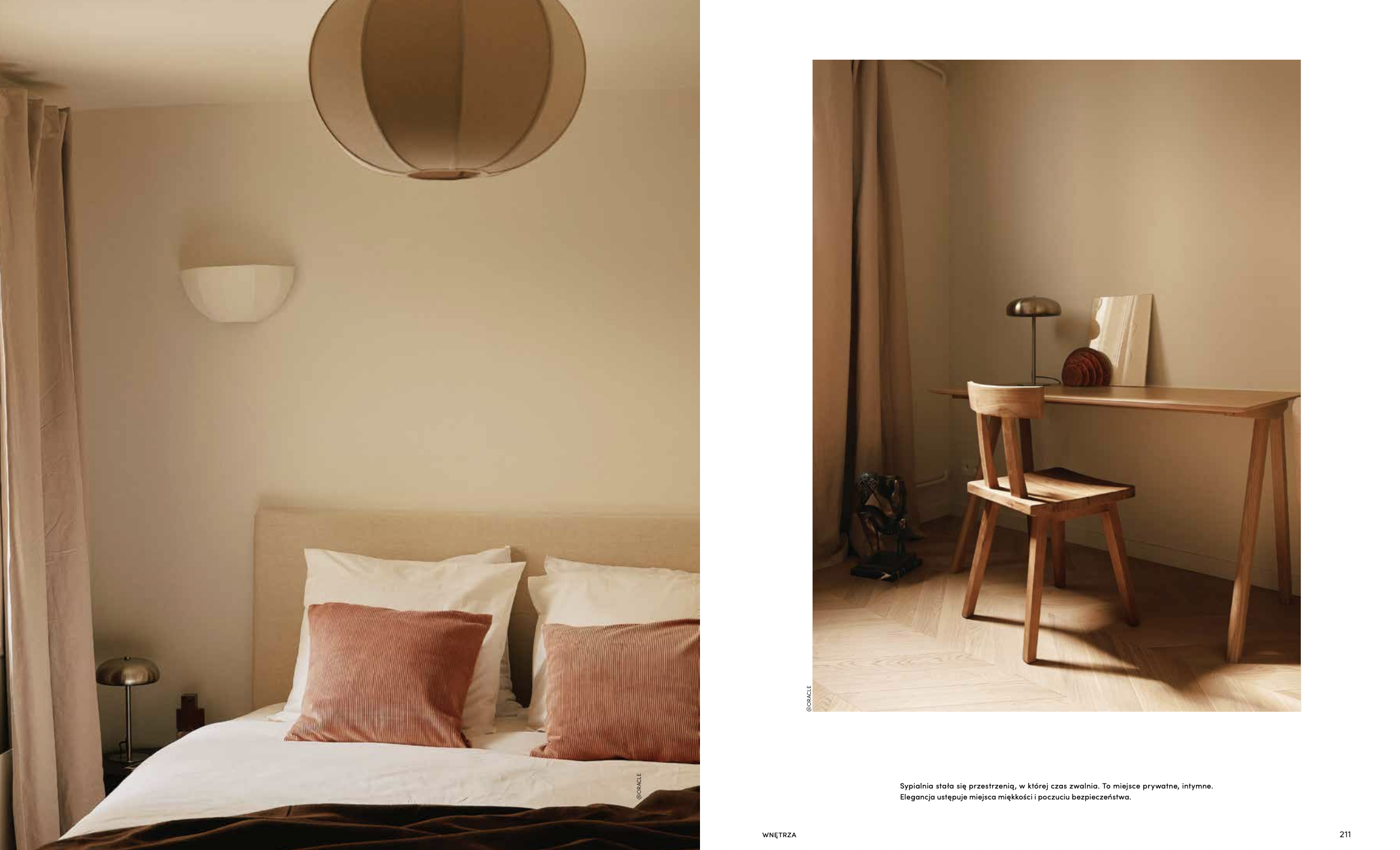 Deux images d'intérieurs minimalistes : la première montre un lit avec des coussins en velours rose et des lampes murales, la seconde montre un bureau en bois avec une lampe de bureau, un tableau, et une décoration, dans une pièce lumineuse et chaleu
