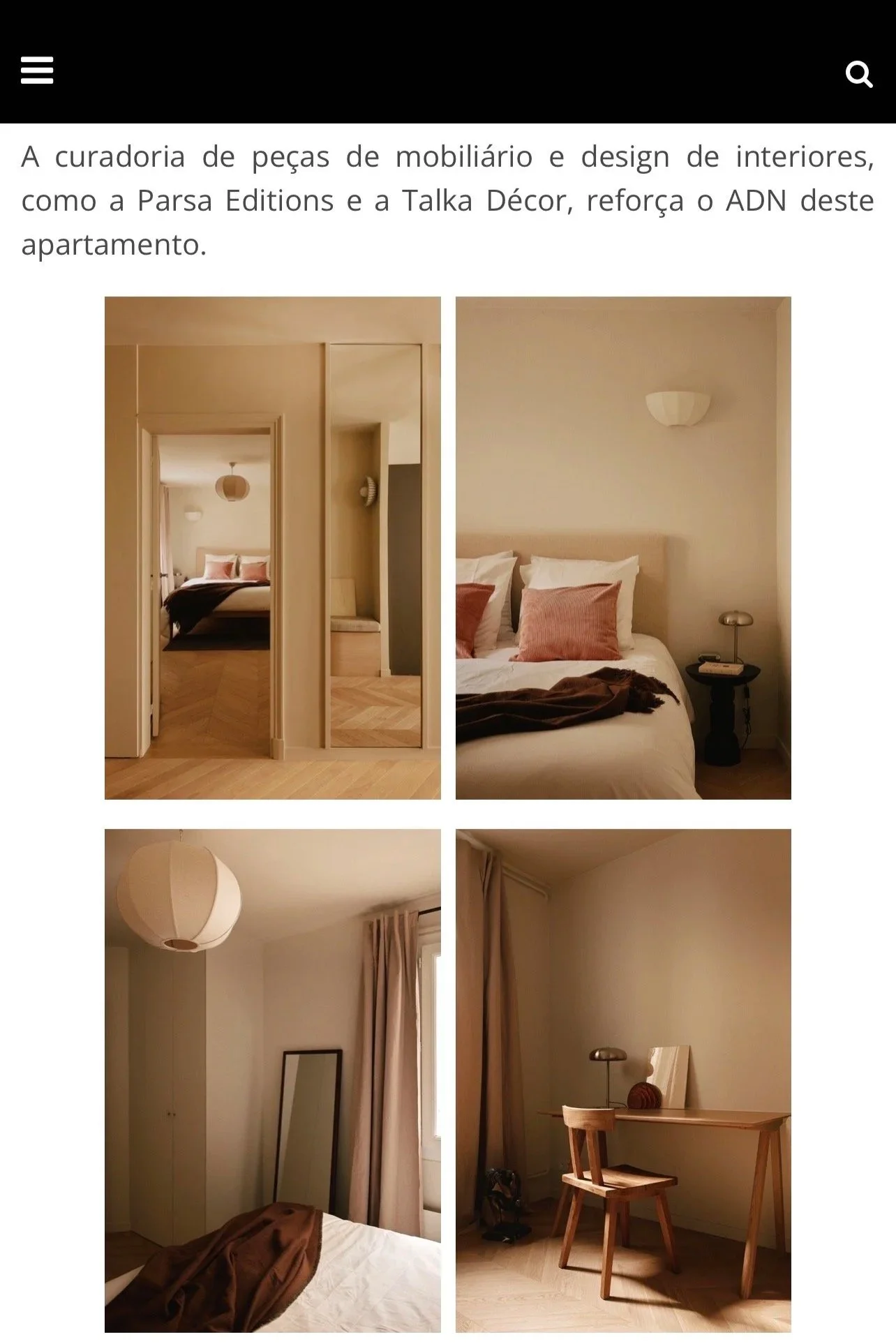 Quatre photos d'une chambre et d'un salon en intérieur décorés dans un style minimaliste avec des meubles en bois clair et des lampes modernes.