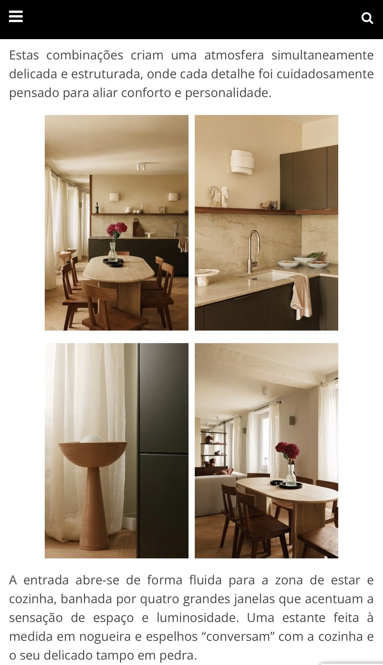 Quatre images d'une cuisine et d'une salle à manger intérieure, avec meubles en bois clair, un éclairage naturel, et des détails décoratifs simples et élégants.