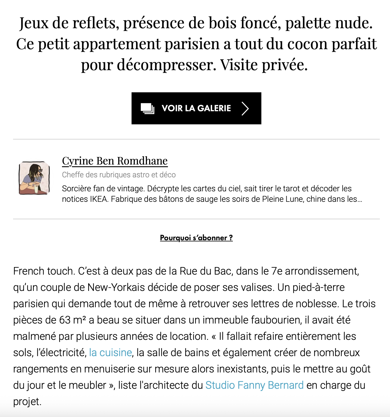 Capture d'écran d'une page web présentant une description d'un appartement parisien, avec un bouton 'Voir la galerie', une photo d'une femme, et du texte en français sur l'intérieur d'un appartement et une histoire de location.