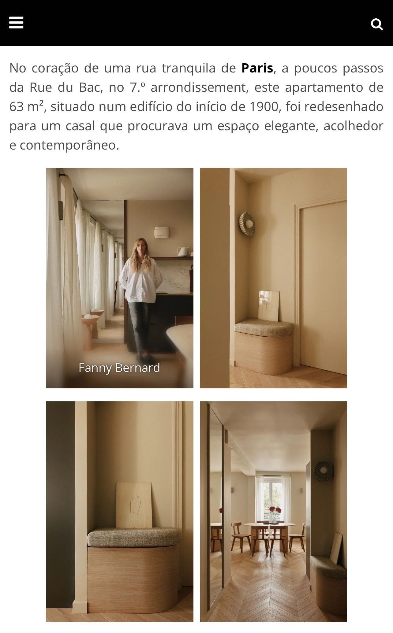 Quatre images d'un appartement au design contemporain et épuré, comprenant un espace salon avec un coin repas, des meubles en bois clair, et une décoration minimaliste. La première image montre une femme avec des cheveux longs et une chemise blanche,