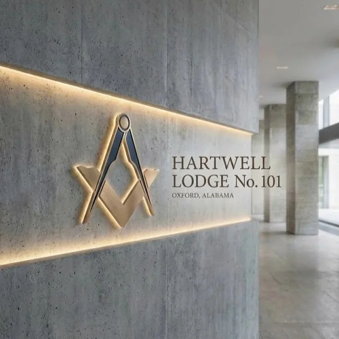Interior view of Hartwell Lodge No. 101 sign with illuminated emblem and text, located in Oxford, Alabama.