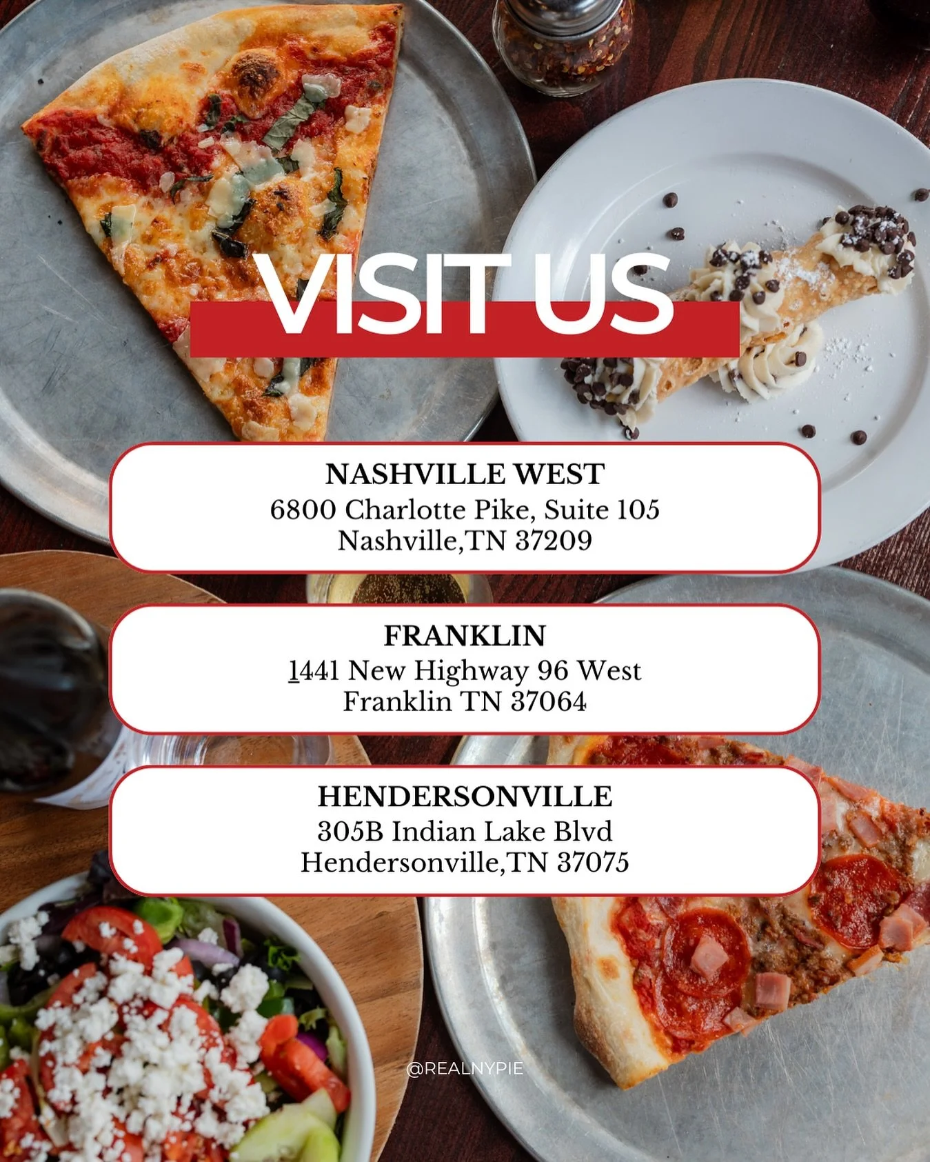 Whether you&rsquo;re in Nashville, Hendersonville, or Franklin, there&rsquo;s a slice of NY Pie waiting for you! 🍕

Dine in with us for authentic New York pizza &mdash; or order online and bring the flavor home. Either way, you&rsquo;re family here!