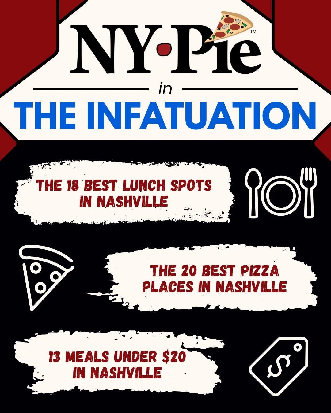 Big thanks to @infatuation for including us in their &ldquo;The Best Lunch Spots in Nashville&rdquo;, &ldquo;The Best Pizza Spots in Nashville&rdquo;, and &ldquo;13 Meals Under $20 in Nashville&rdquo; articles! It&rsquo;s an honor to be so highly rat
