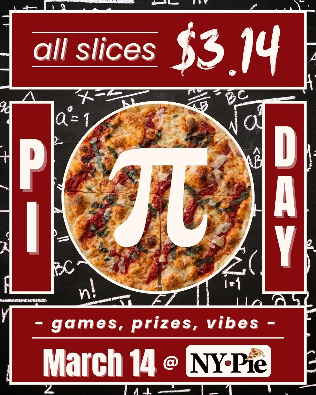 It&rsquo;s that time of year again&hellip;

Come celebrate Pi Day with us tomorrow! We go with more of a pizza route than a math route, so no worries if it wasn&rsquo;t your favorite subject in school.

Enjoy $3.14 slices ALL DAY and test your luck a