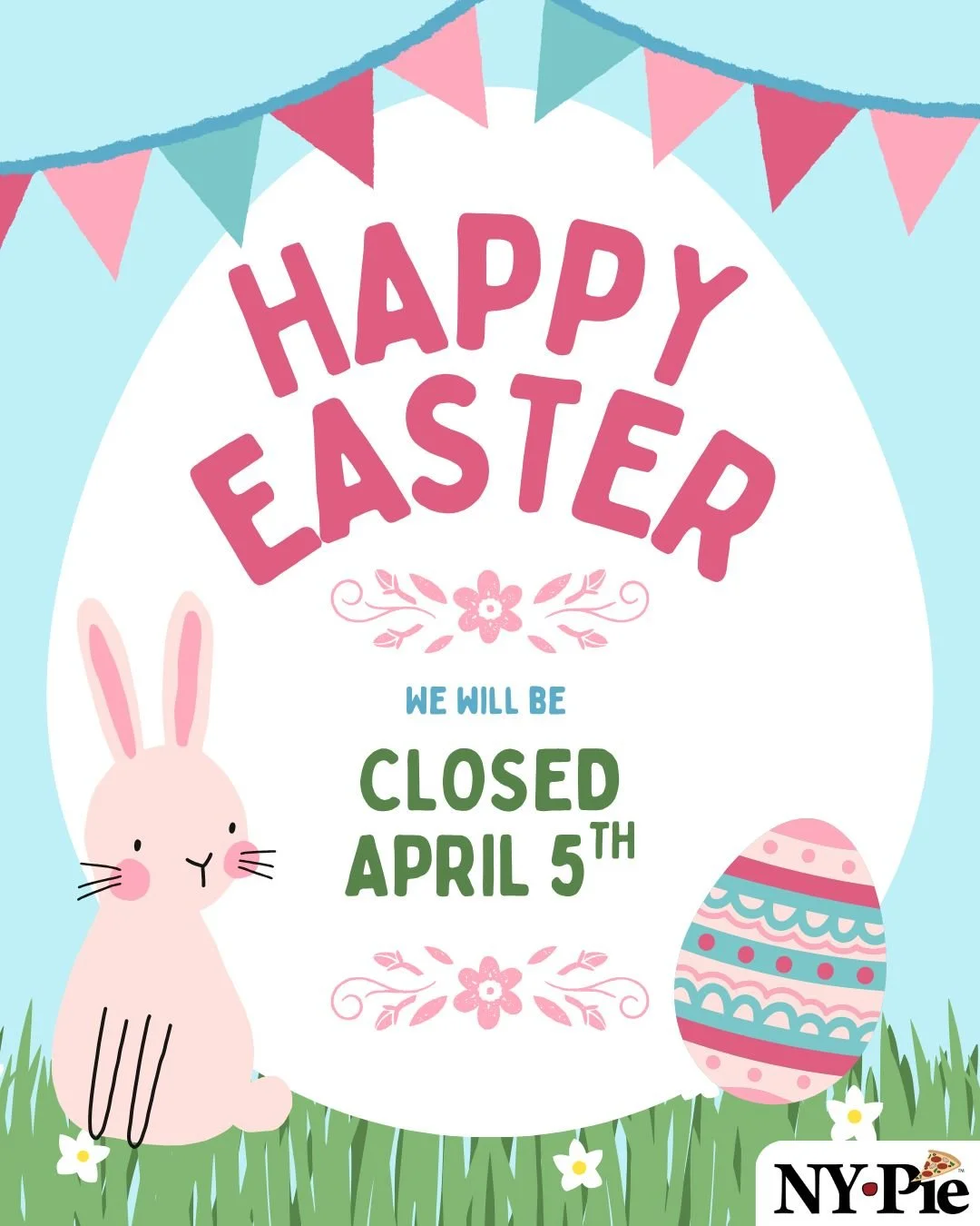 NY Pie will be closed tomorrow (April 5th) to celebrate Easter. Be sure to stock up on our DIY Pizza kits to hold you over!

All of us on the team wish you a joyful, restful weekend, and we&rsquo;ll get back to our regularly scheduled programming on 