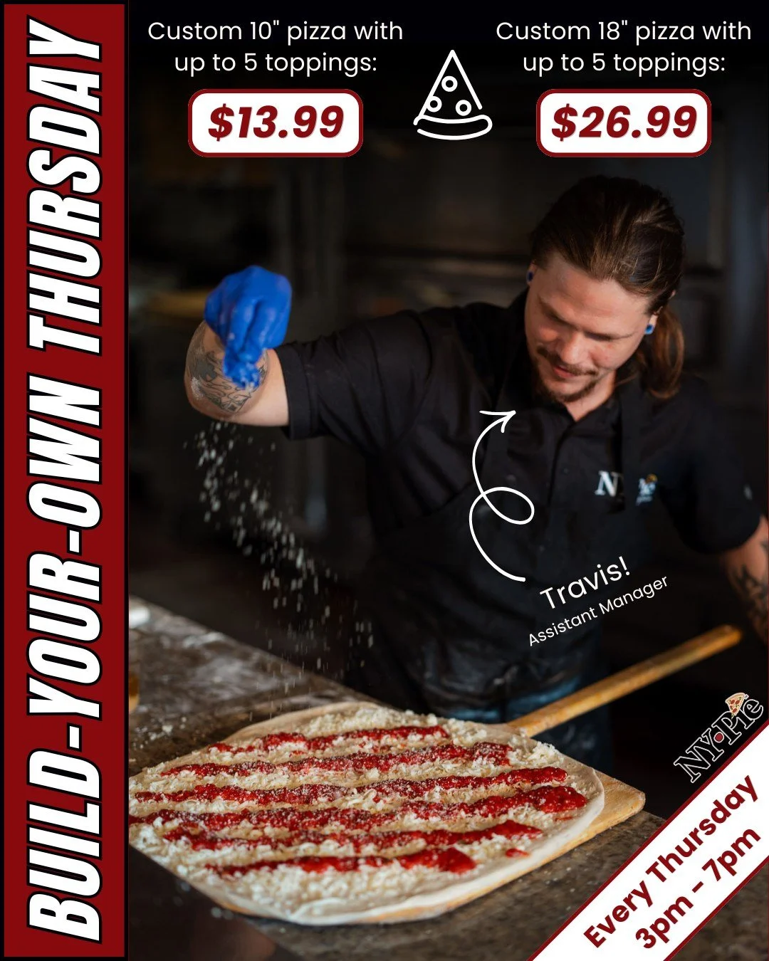 This is your reminder that our happy hour specials run all week, every week! Each Thursday, follow your tastebuds and pick up to 5 toppings on a 10&rdquo; or 18&rdquo; pizza. With 28 different toppings and 4 bases, you&rsquo;ve got 68,841,472 combina