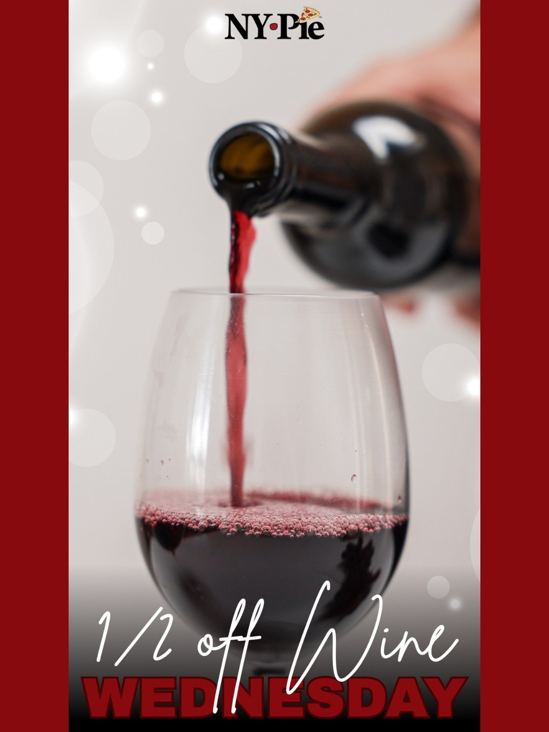 Today&rsquo;s happy hour special at NY Pie is 1/2 off Wine Wednesday! Take 50% off a bottle of our selection of vibrant, artisanal wines with any in-store purchase. Act fast, this deal only lasts from 3pm to 7pm!

Not feeling it today? No worries, ou