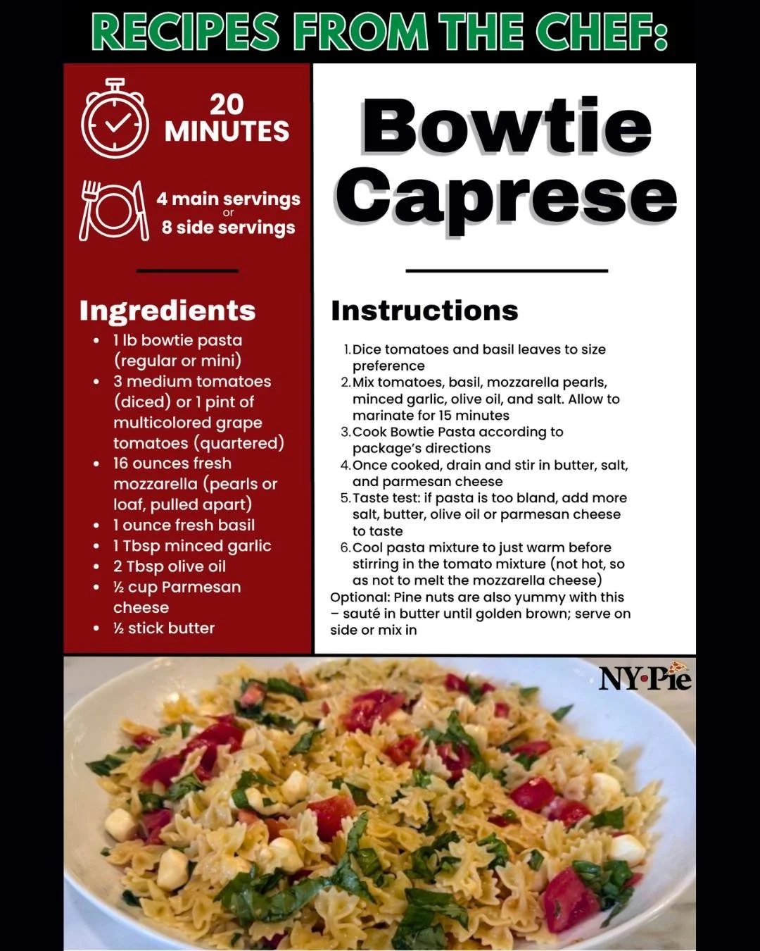 Aside from the incredible thin-crust pizza that launched NY Pie, Jessica&rsquo;s got plenty more recipes to share. Here&rsquo;s the first in our new series: Bowtie Caprese!

&ldquo;I got the recipe from a close friend Sharon back in my days of living