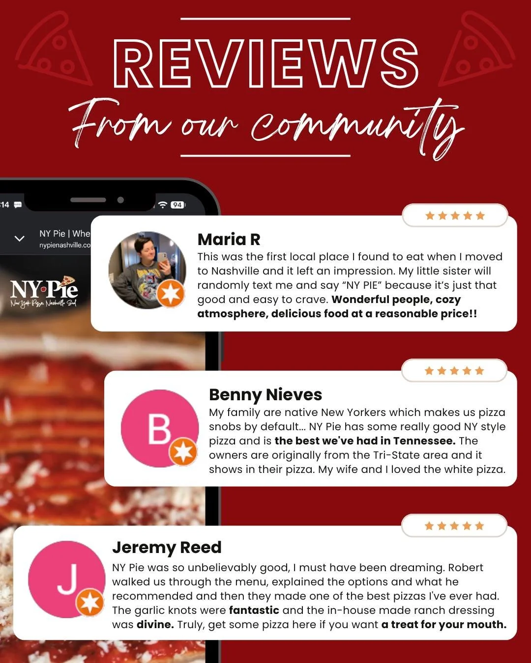 We talk some big game about our pizza because we know it&rsquo;s special. We&rsquo;re not the only ones talking about it though; if you want a second opinion (or third, or fourth, etc.), check out our reviews! 

Stop by or order online on our website