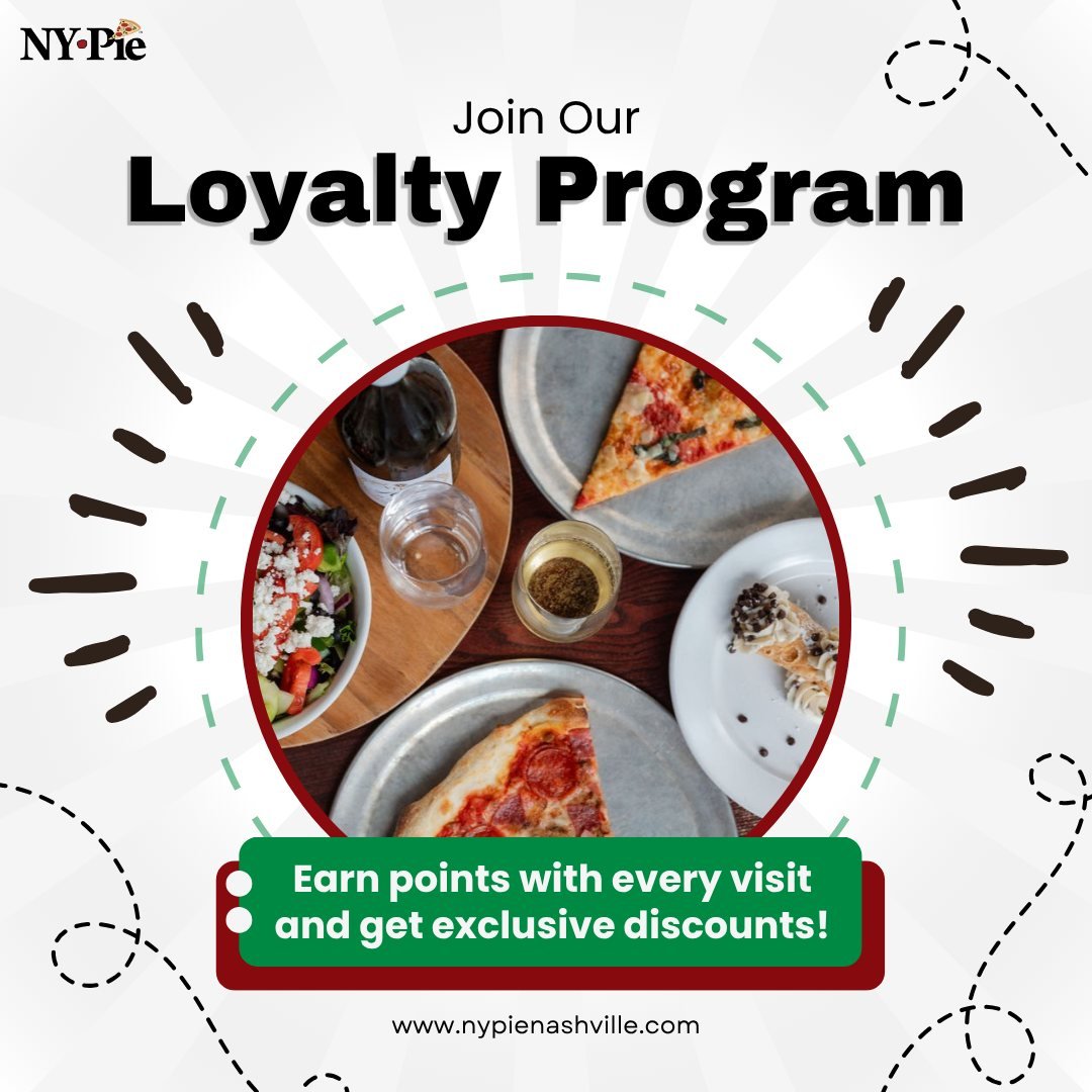 Are you an NY Pie regular? Join our Loyalty Program! Rack up points with each order to redeem discounts and free items.

Right now, you can earn 50 points ($5 off) just for signing up. Join our 17,000 other members and start saving today! (link in co