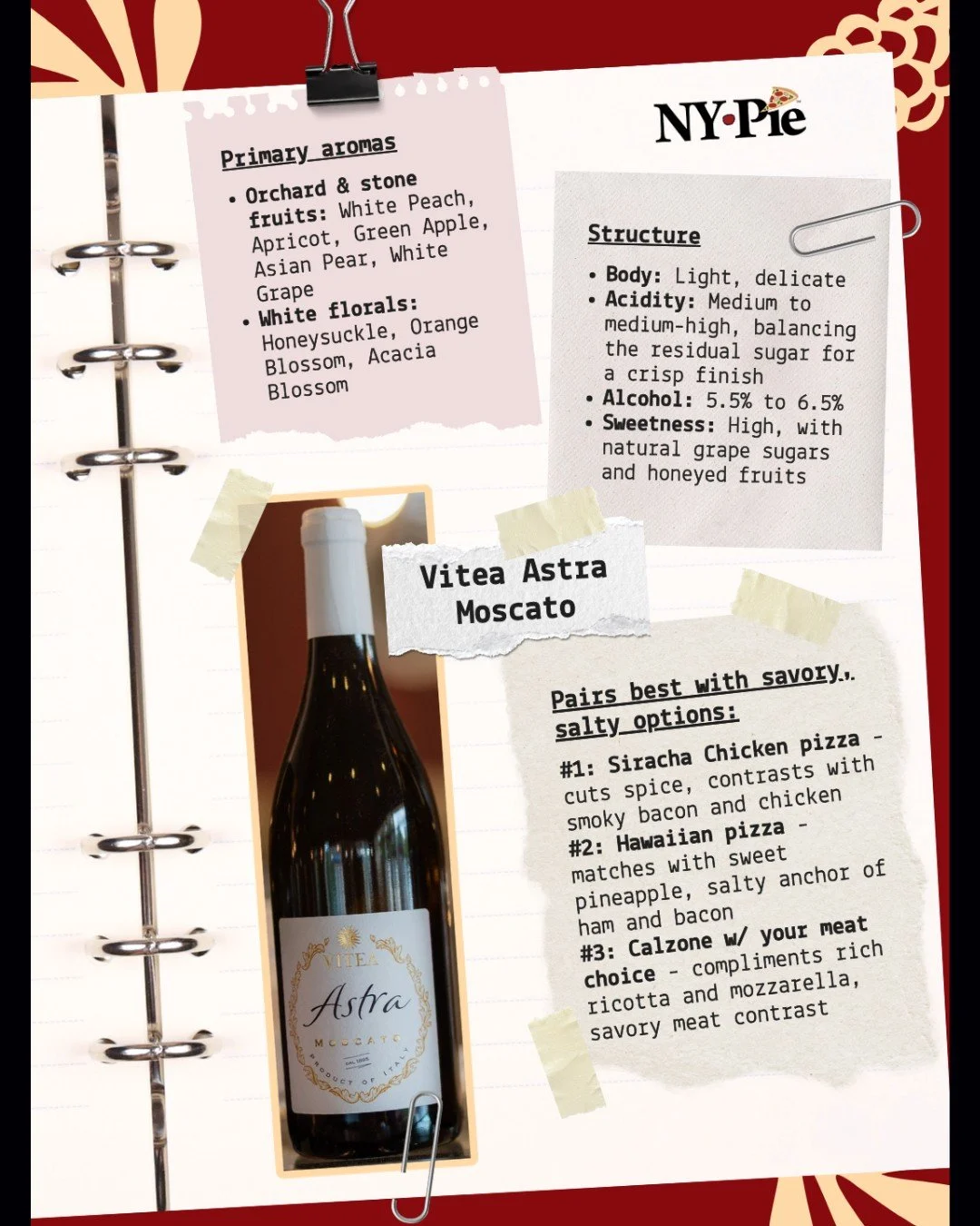 Next up in our wine pairing series is our Cantine Vitea &ldquo;Astra&rdquo; Moscato! It&rsquo;s a top-seller for a reason &ndash; its renowned sweetness contrasts incredibly well with savory options like our Siracha Chicken or Hawaiian pizzas. You co