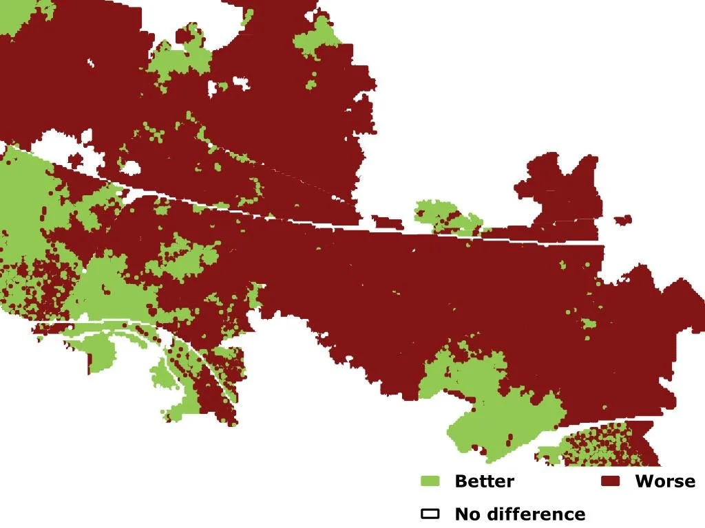 Differences between newly estimated and previous PTAL, highlighting a service provision difference between both years